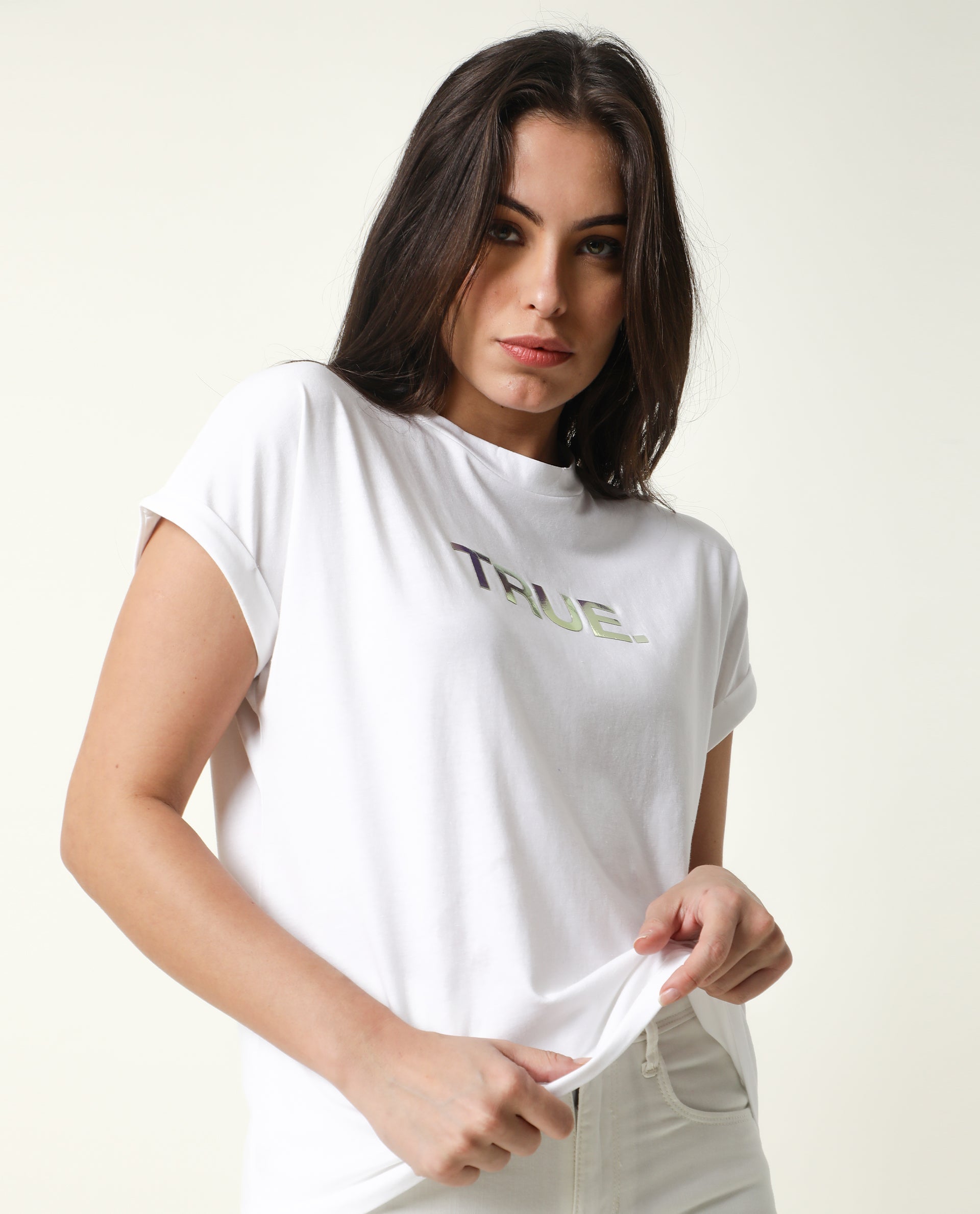 Rareism Womens Exist White T-Shirt Cotton Fabric Regular Fit Extended Sleeves Crew Neck