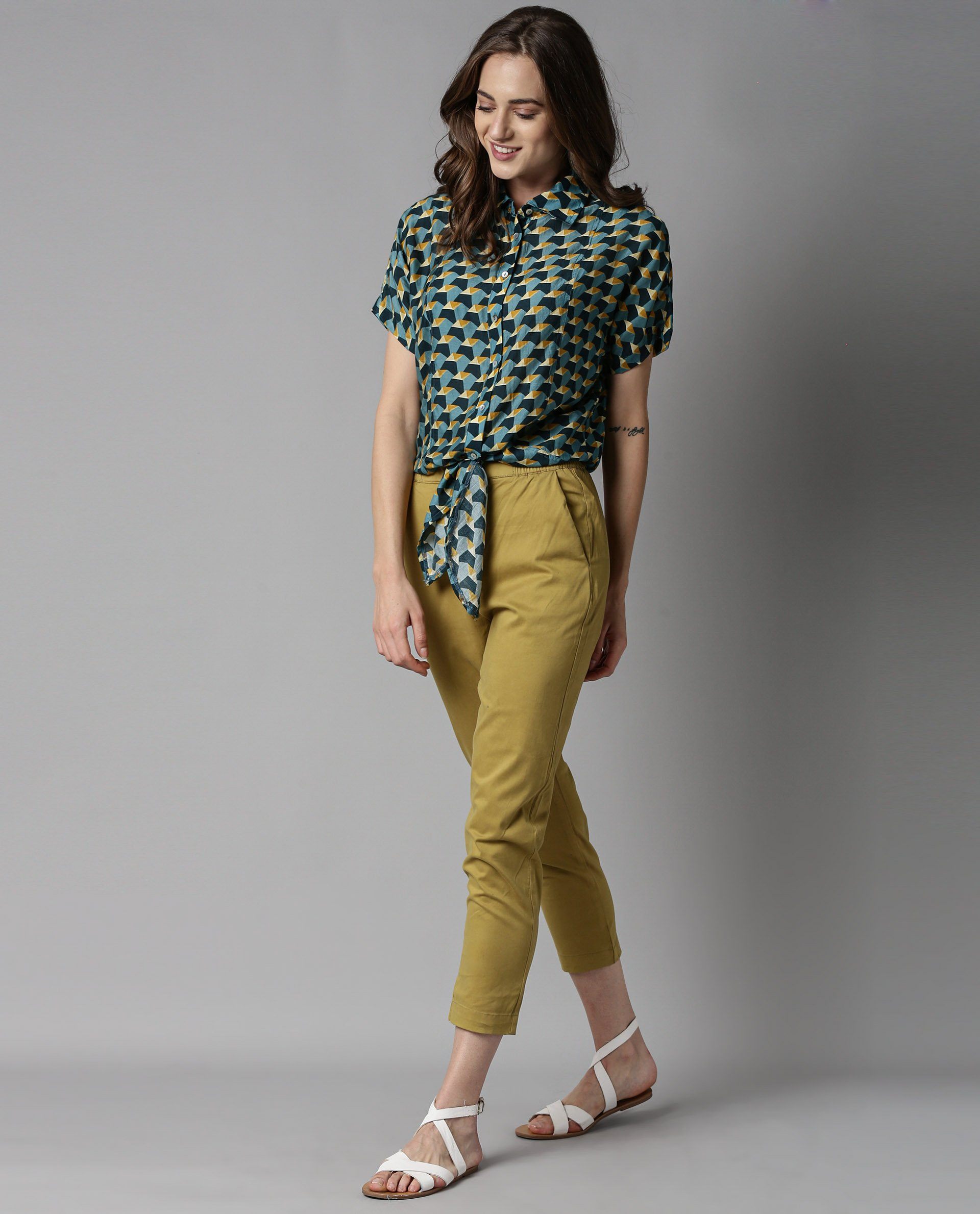 Rareism Women Biza Blue Top Short Sleeves Printed