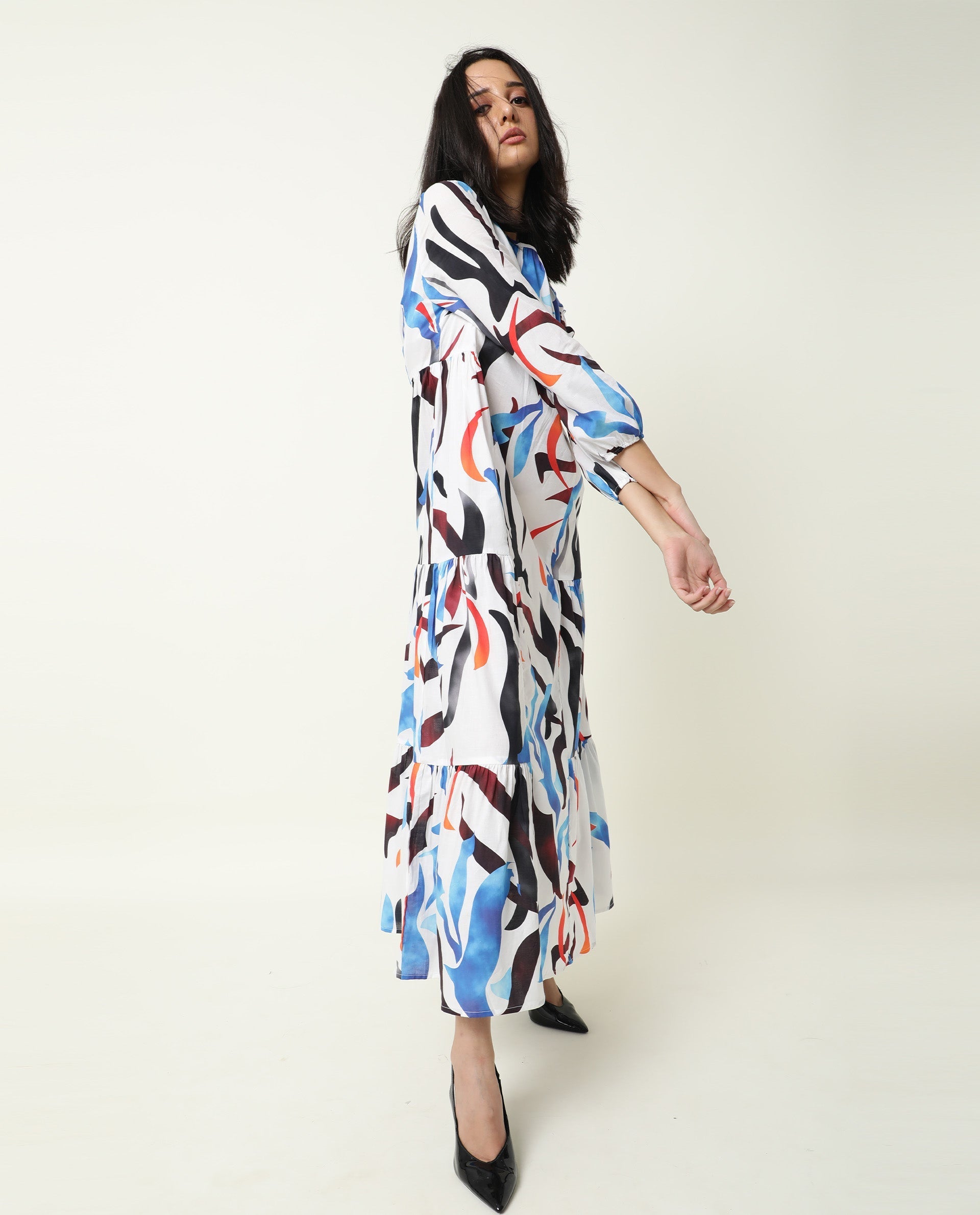 Rareism Women's Europe White Boat Neck Abstract Print Maxi Regular Fit Dress