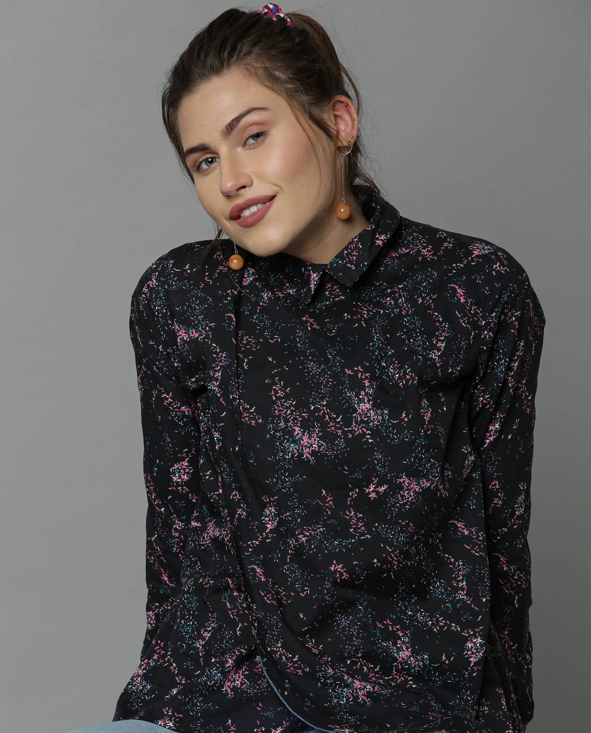 Rareism Womens Kara Black Top Polycotton Fabric Full Sleeves Collar Neck