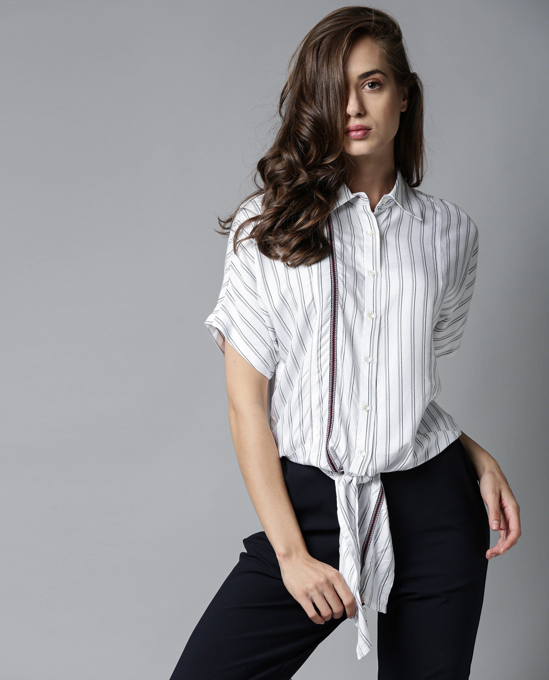 Rareism Womens Ciaga White Shirt Three Fourth Sleeve Band Collar