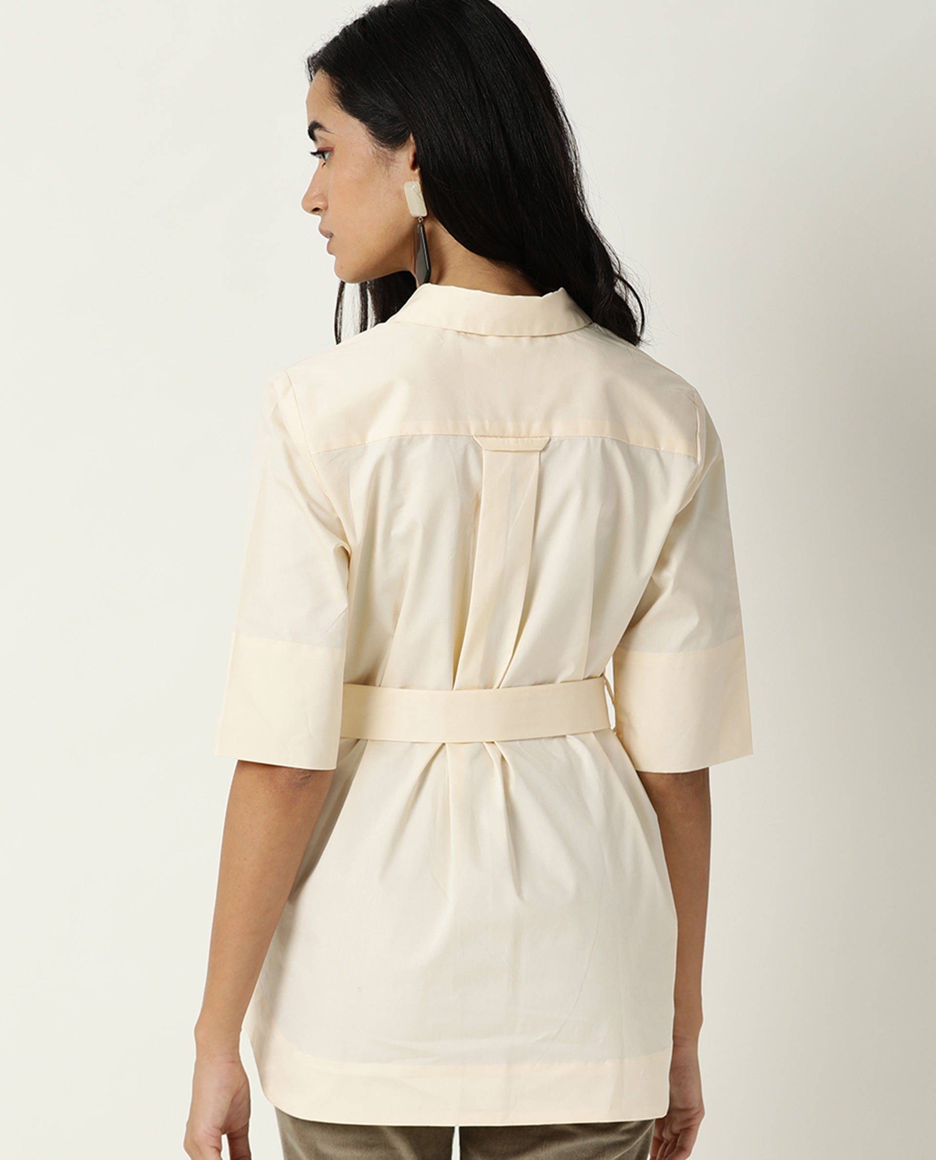 Rareism Women's Cisco Beige Cotton Blend Spread Collar Plain Knee Length Regular Fit Top