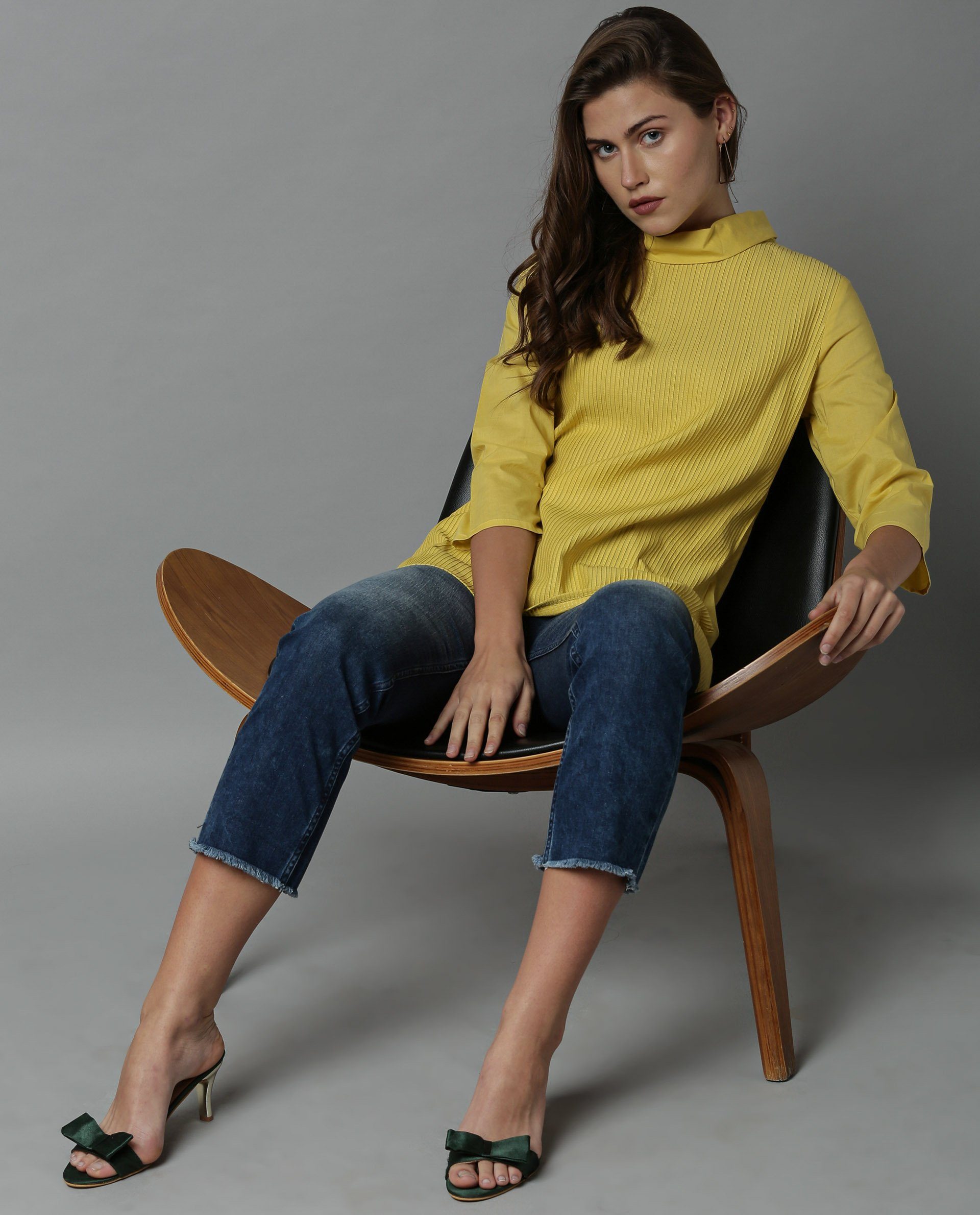 Rareism Women Pins-1 Yellow Top Short Sleeves