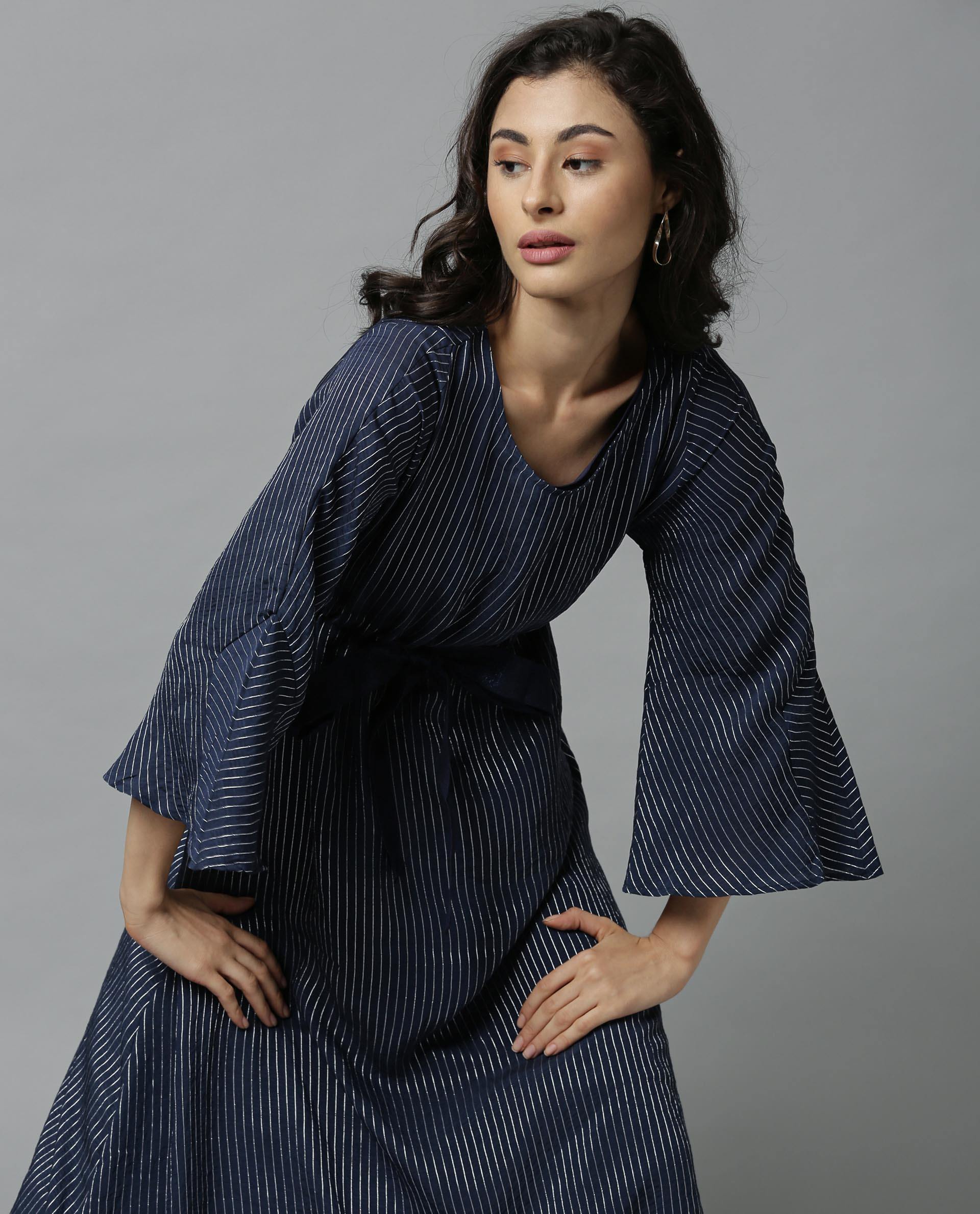 Rareism Women Repose Navy Dress Full Sleeves