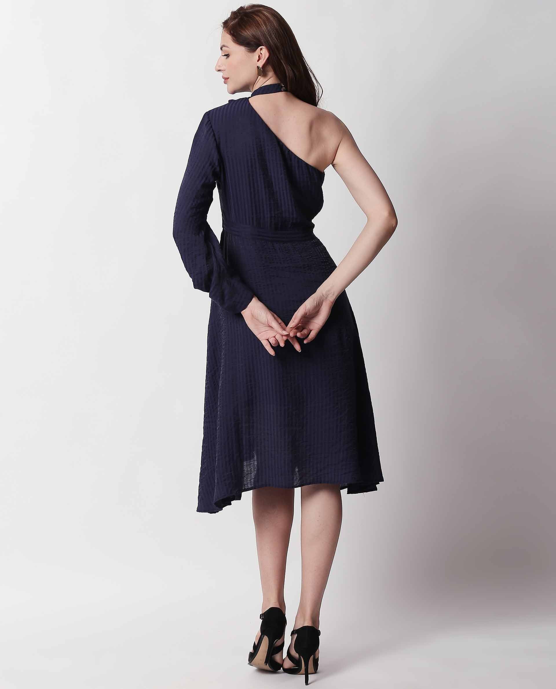 Rareism Women's Carnival Navy Tube Neck Plain Knee Length Regular Fit Dress