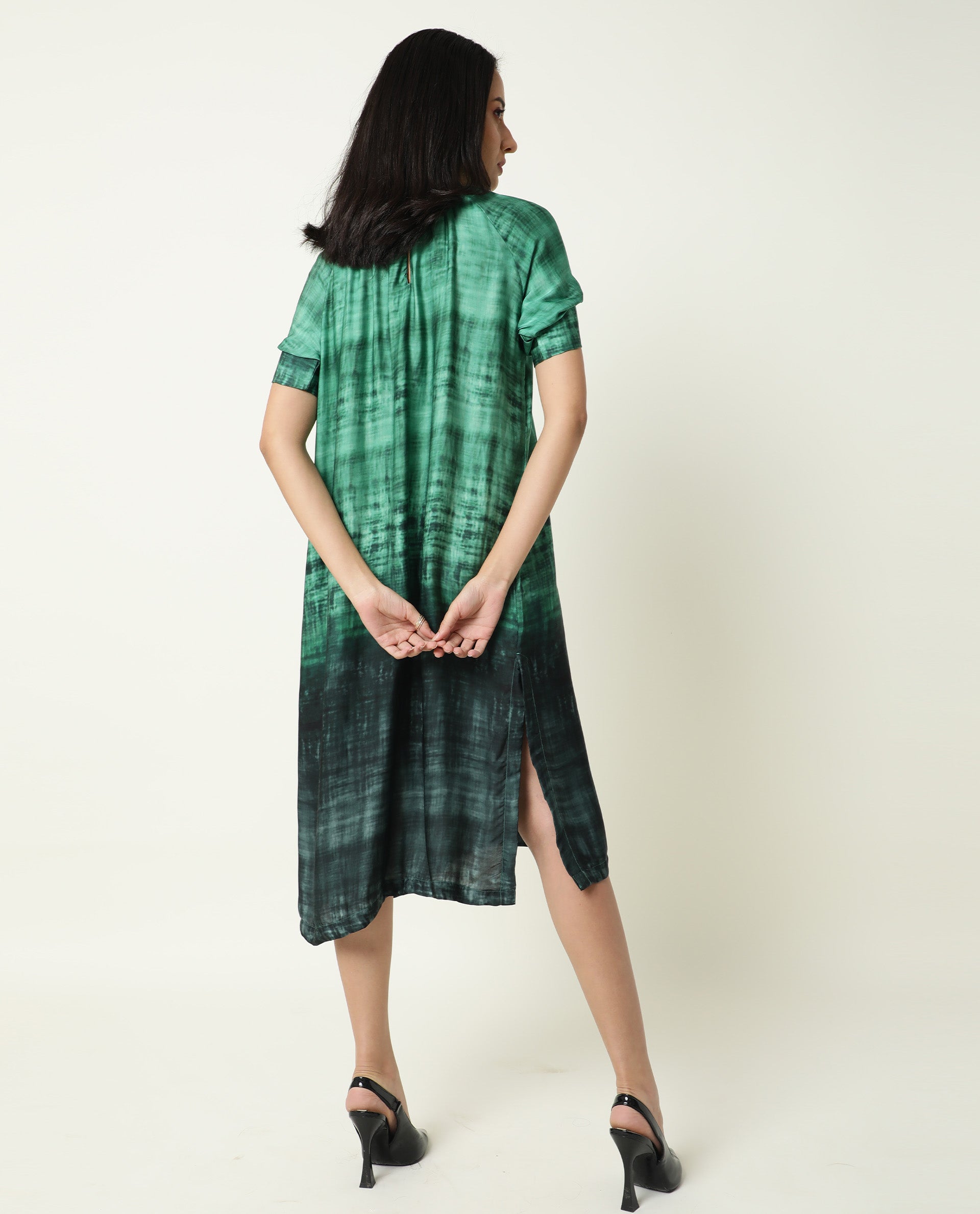 Rareism Women's Split Green Modal Blend High Neck Ombre Puff Sleeves Midi Flared Dress