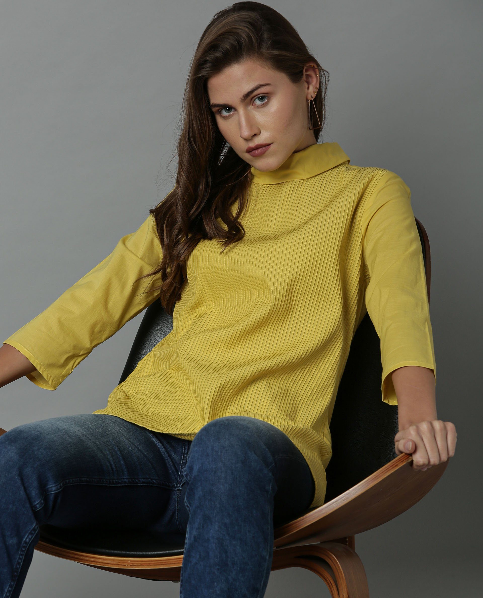 Rareism Women Pins-1 Yellow Top Short Sleeves