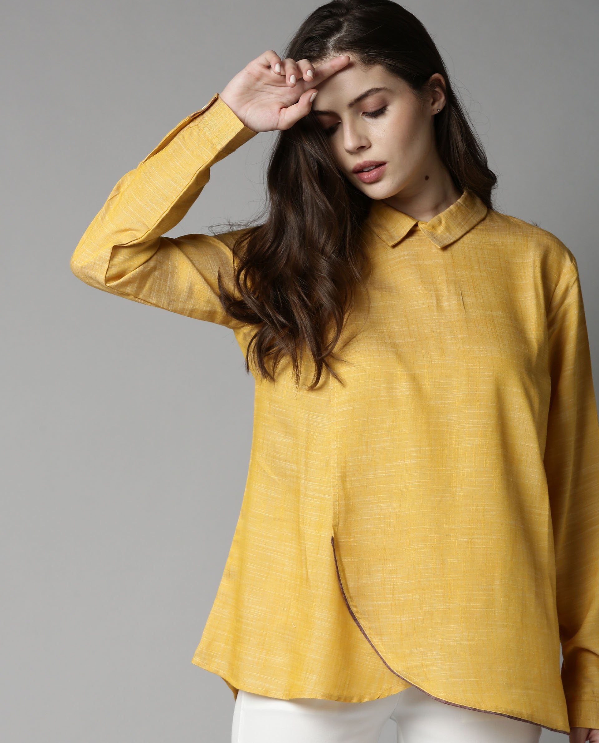Rareism Womens Kara Yellow Top Polycotton Fabric Full Sleeves Collar Neck