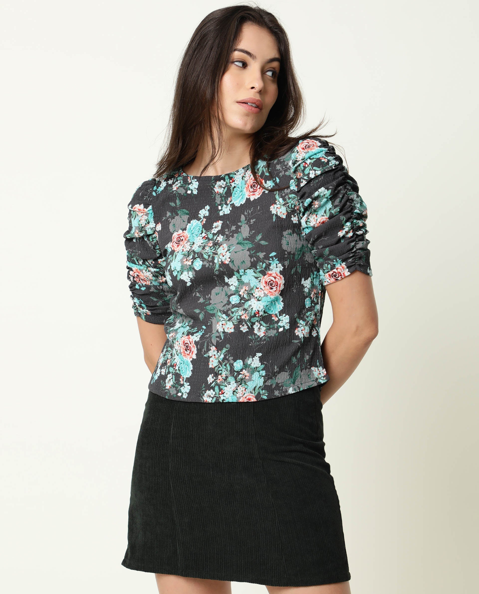 Rareism Women's Flake Grey Boat Neck Floral Print Knee Length Tailored Top