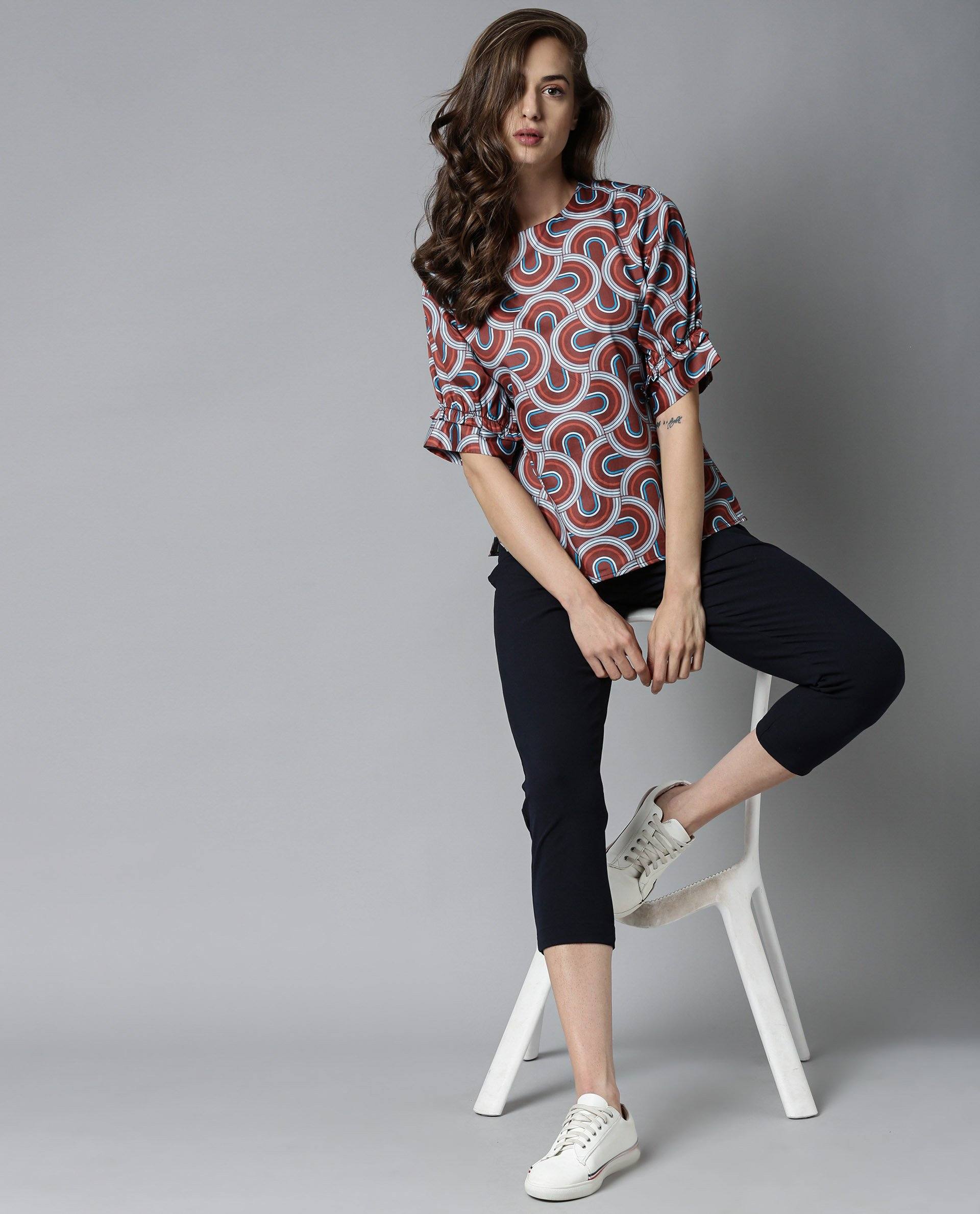 Rareism Women's Jimmi Brown Cotton Crew Neck Geometric Print Regular Fit Top