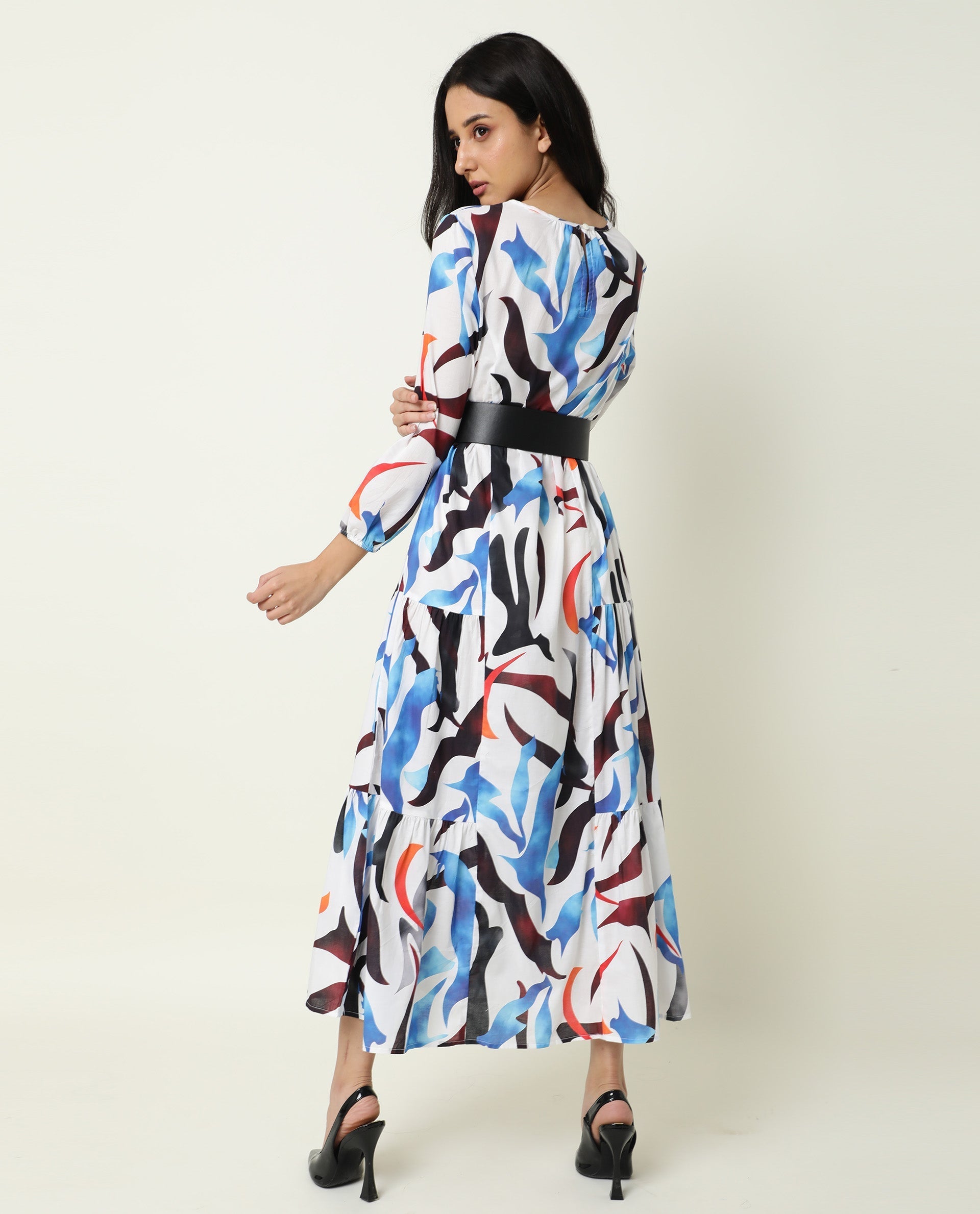 Rareism Women's Europe White Boat Neck Abstract Print Maxi Regular Fit Dress