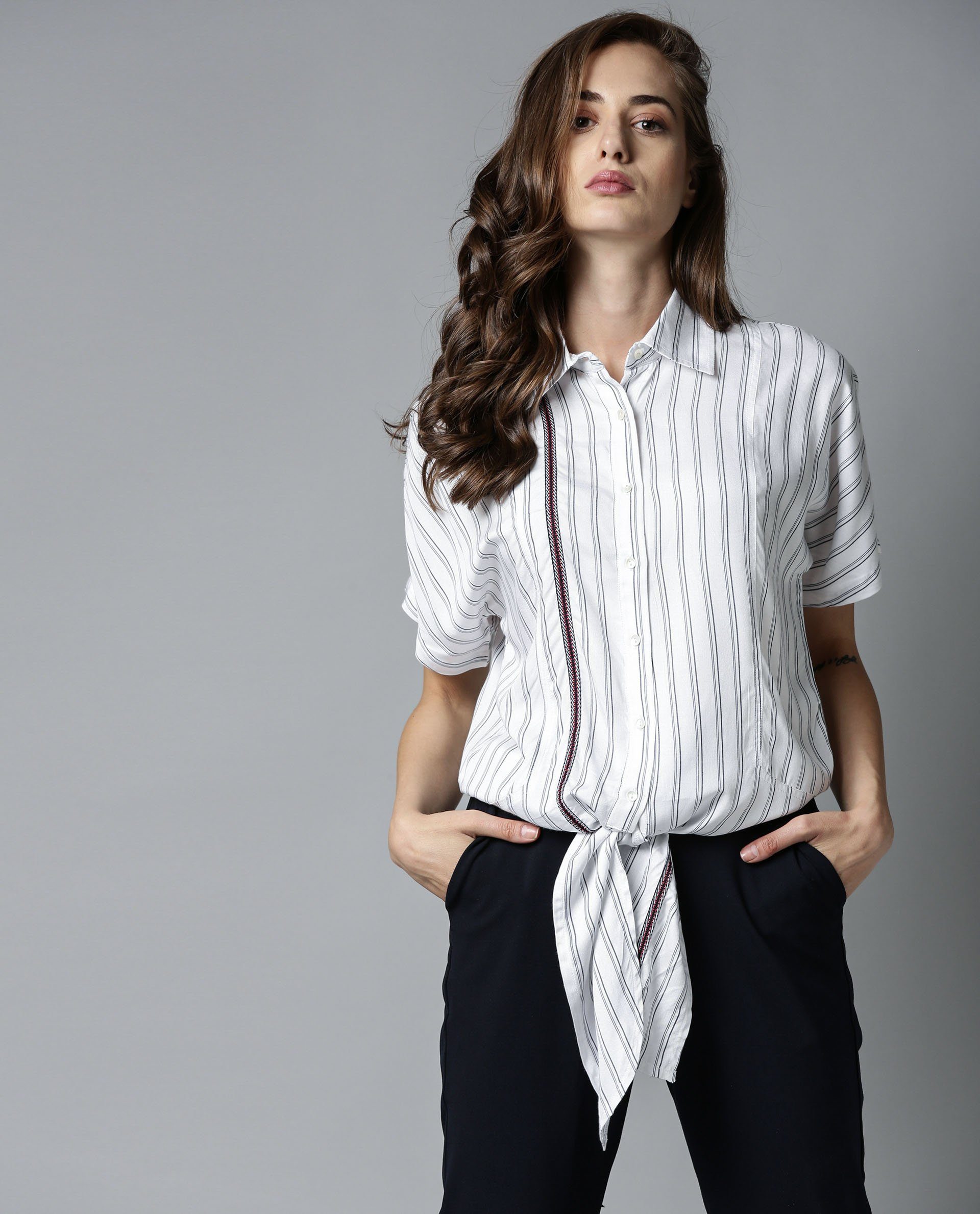 Rareism Womens Ciaga White Shirt Three Fourth Sleeve Band Collar