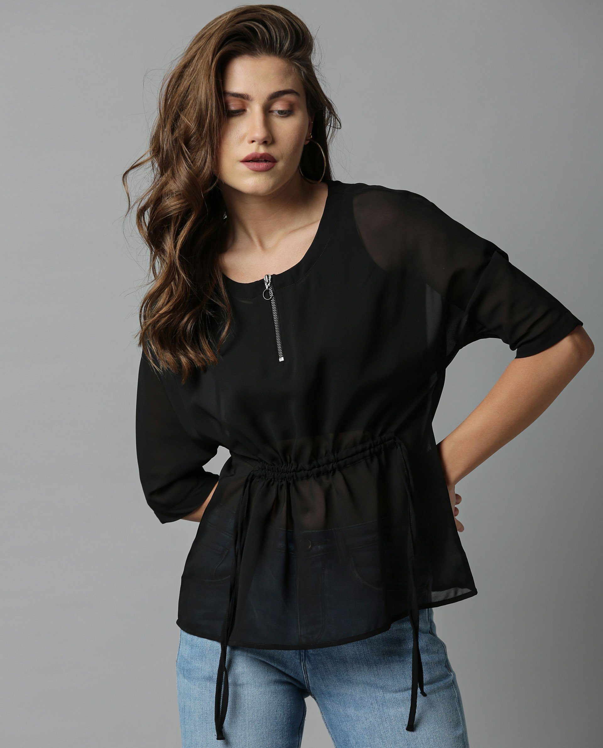 Rareism Women Filp Black Top Short Sleeves Solid