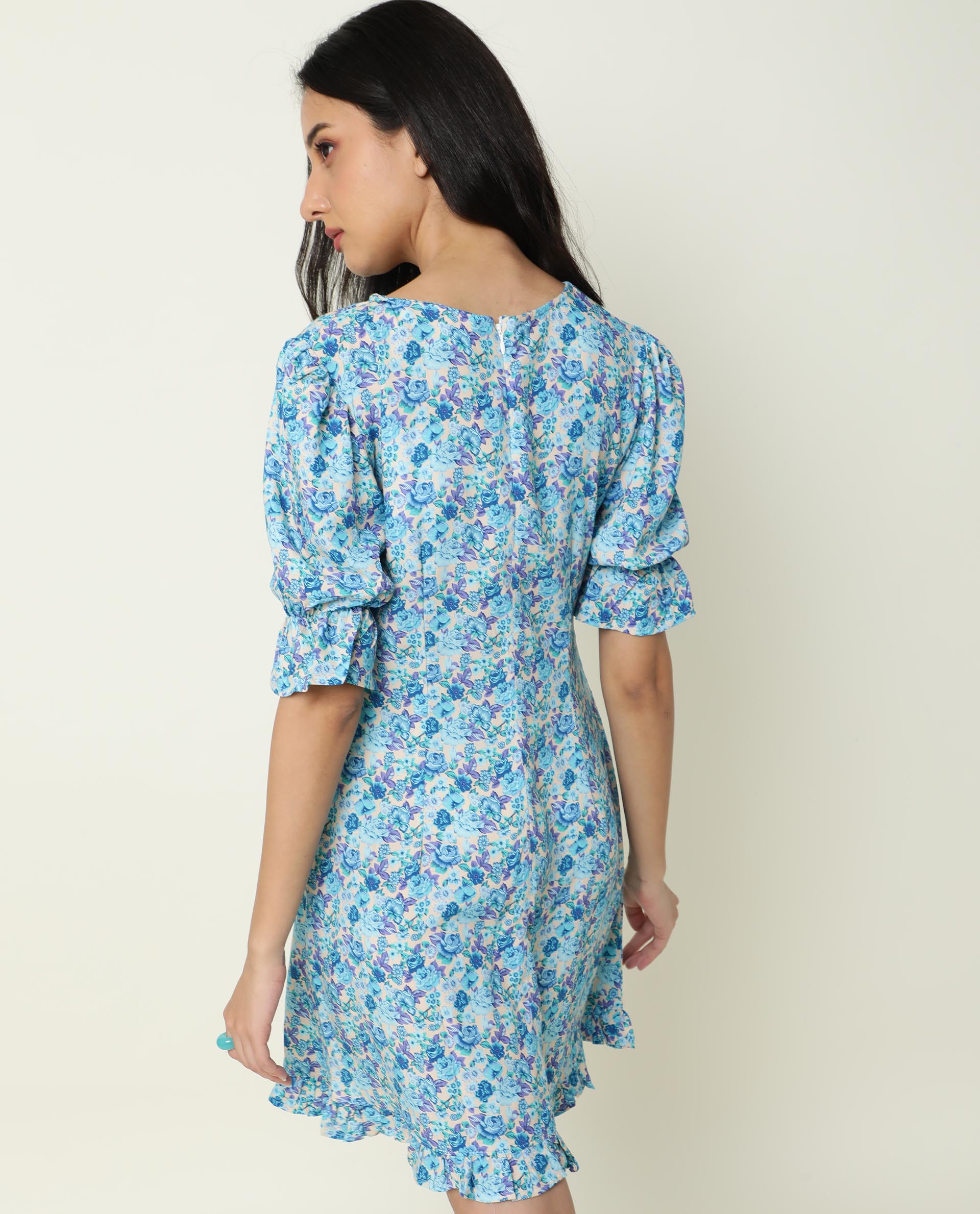 Rareism Women's Eon Blue Viscose V-Neck Floral Print Puff Sleeves Midi Slim Fit Dress