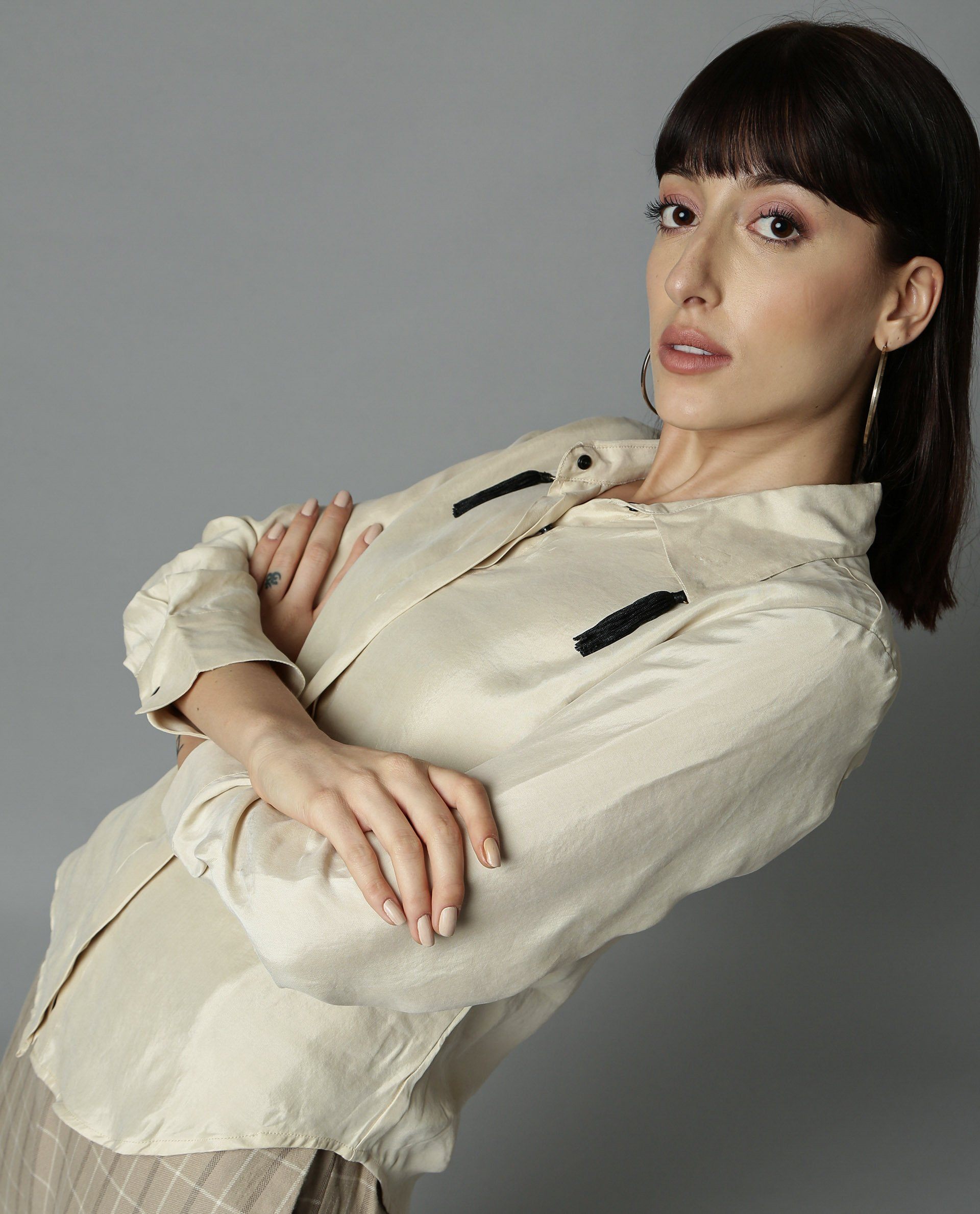Rareism Women Tassel Beige Top Full Sleeves Solid