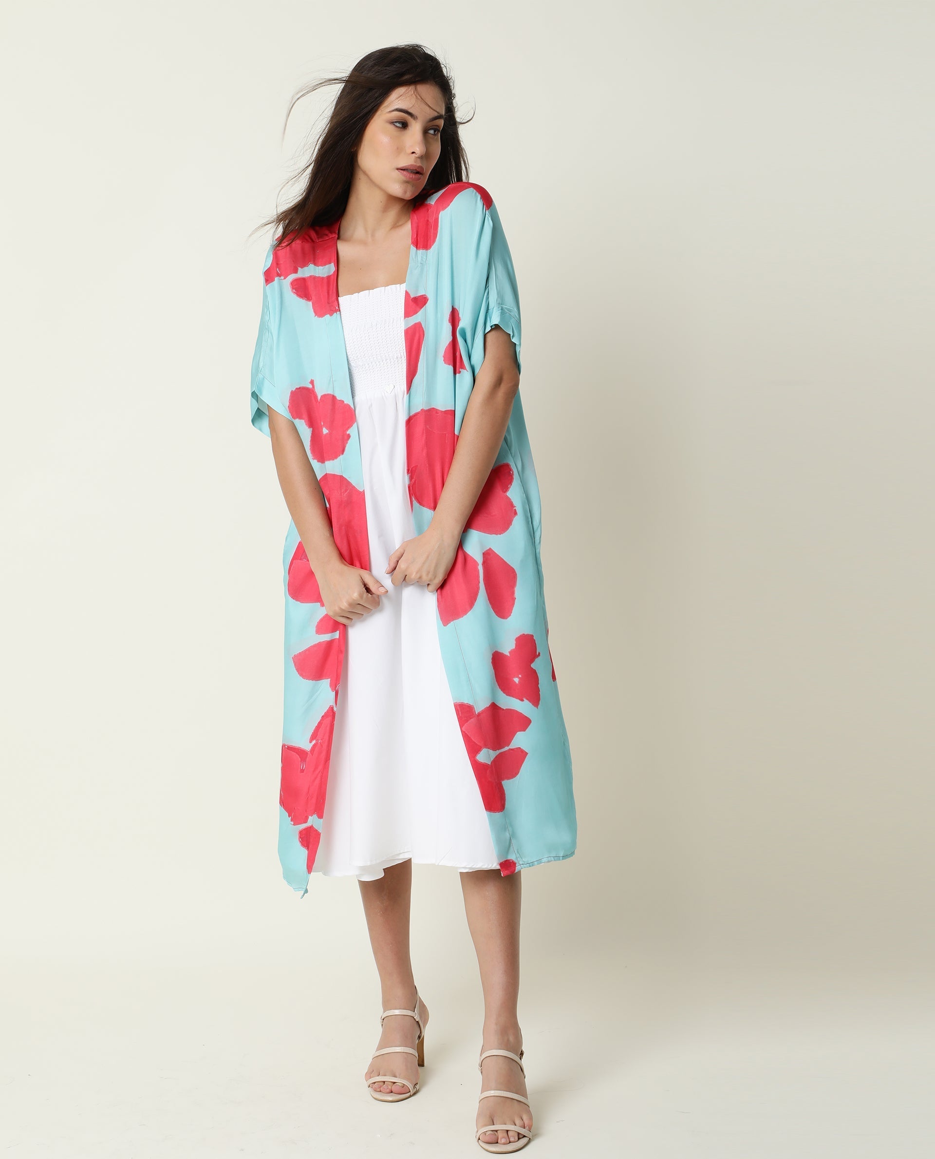 Rareism Women's Petunia Navy Collarless Floral Print Knee Length Relaxed Fit Shrug