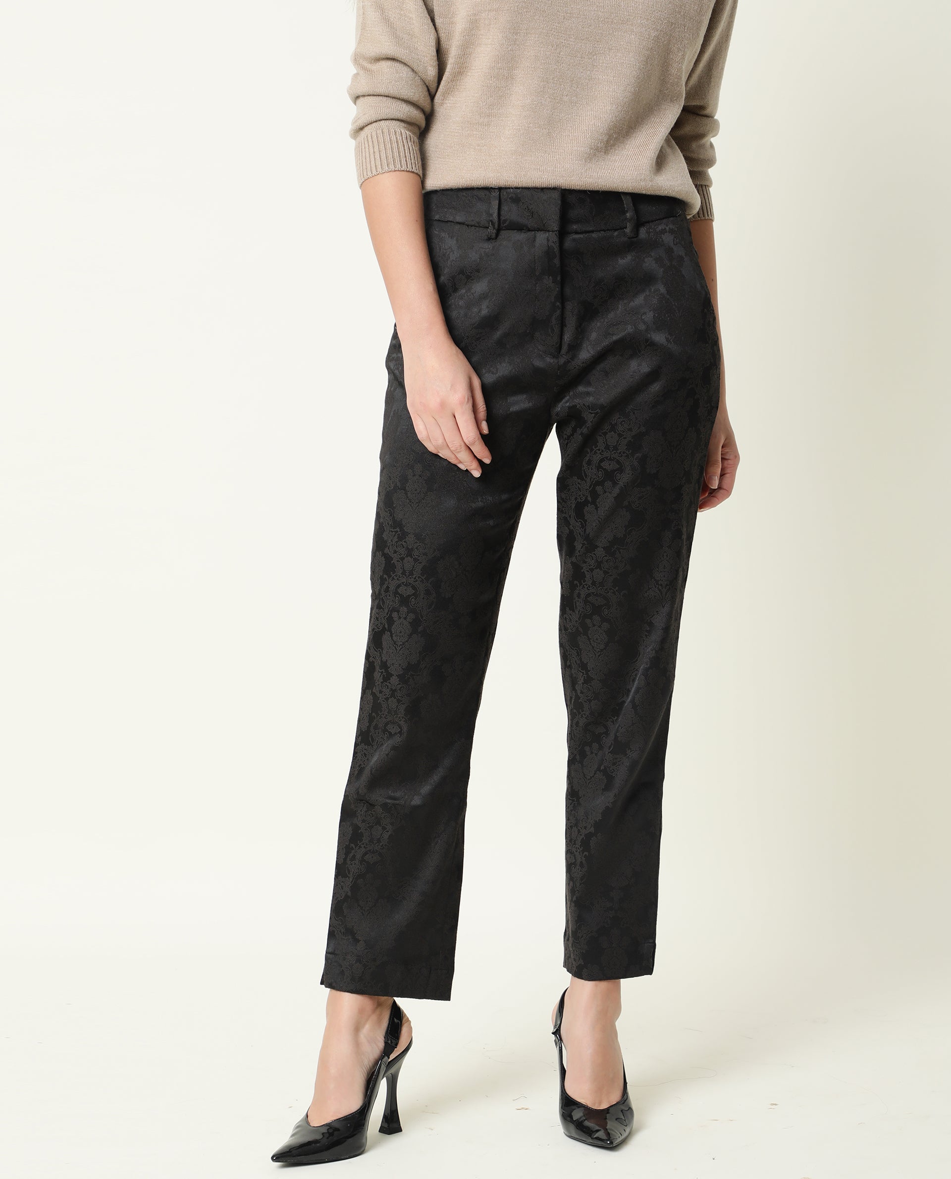 Rareism Women's Nestea Black Velvet Floral Print Ankle Length Tailored Trouser
