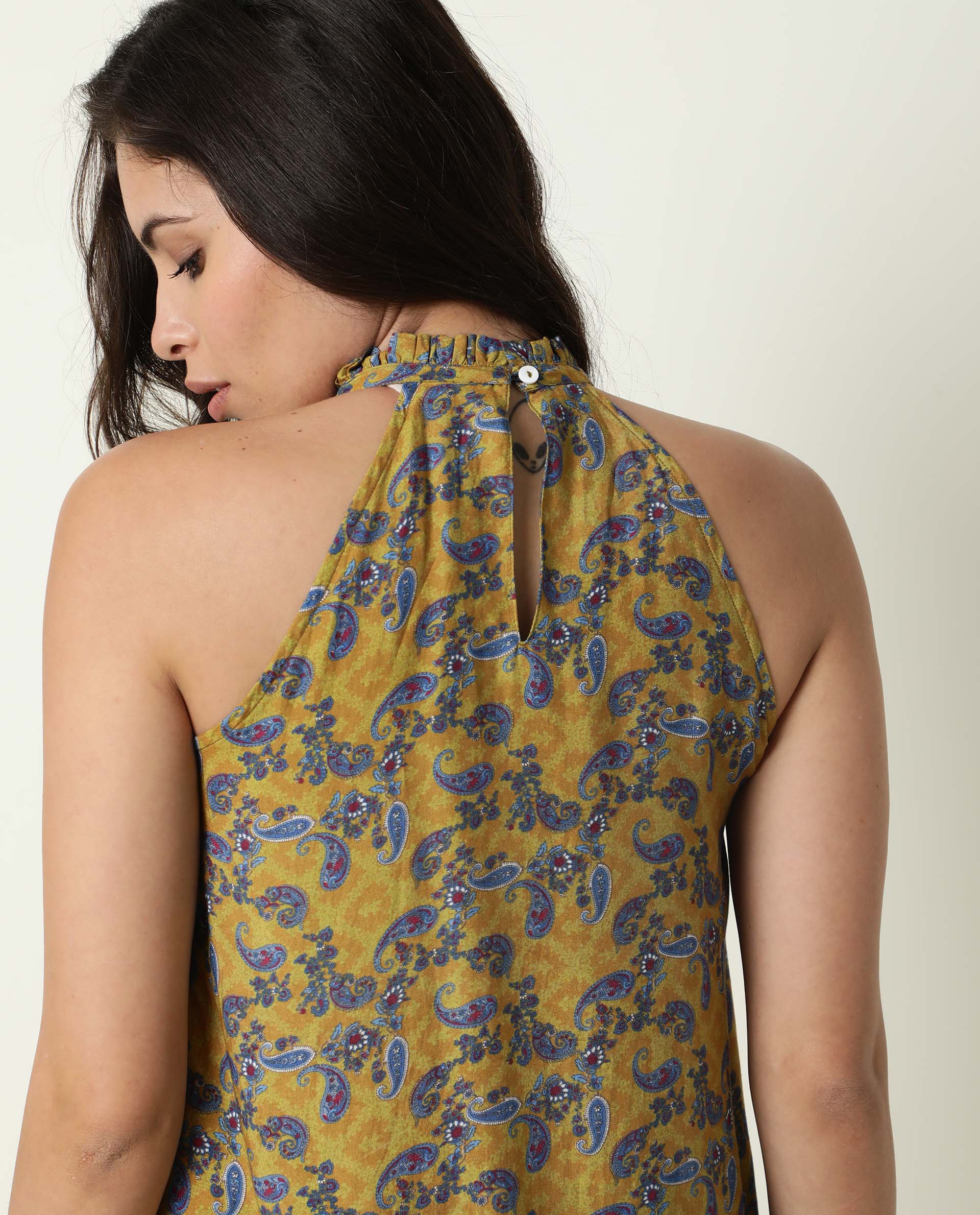Rareism Women's Elordi Olive Halter Neck Floral Print Sleeveless Knee Length Tailored Top