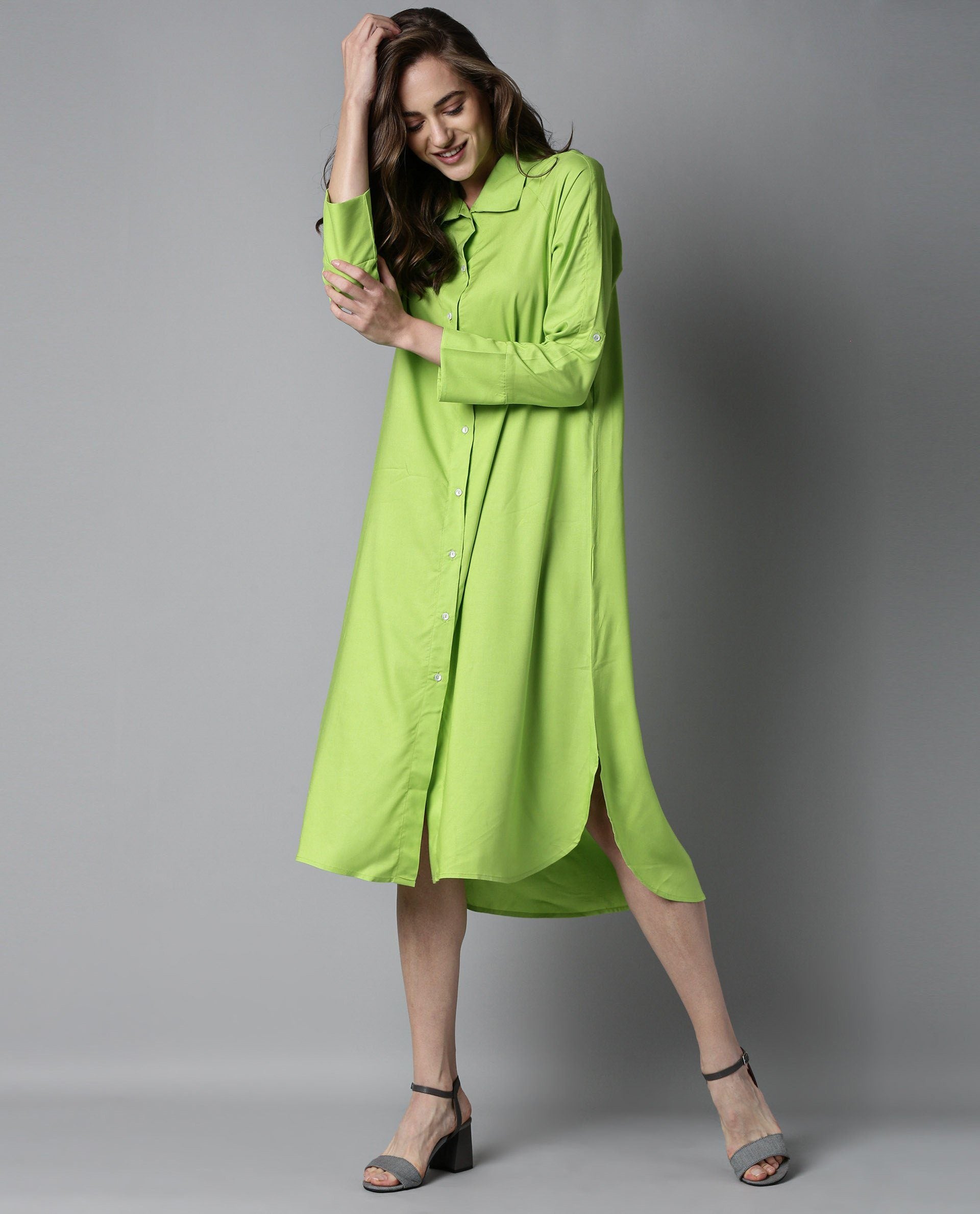 Rareism Women Toss Green Dress Short Sleeves Solid
