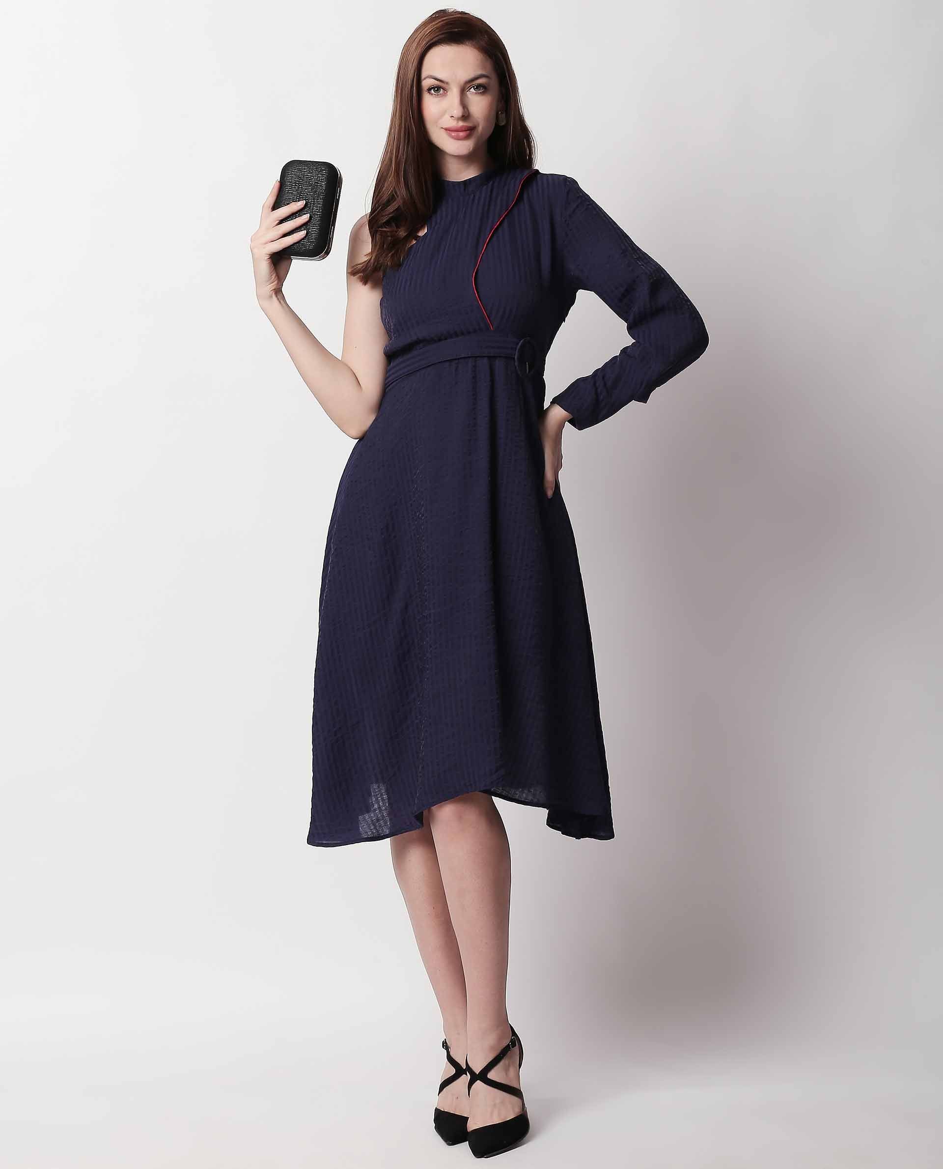 Rareism Women's Carnival Navy Tube Neck Plain Knee Length Regular Fit Dress