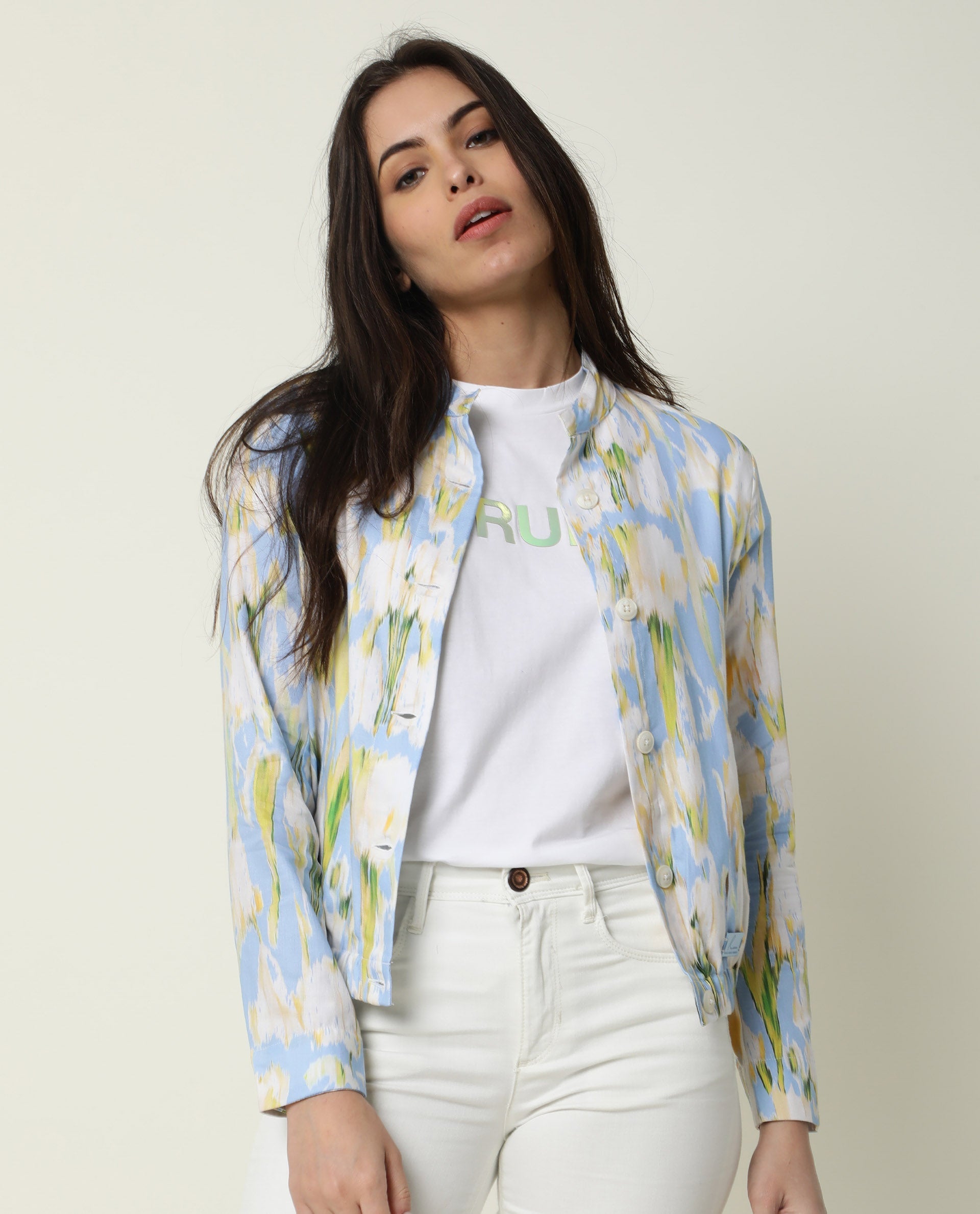 Rareism Women Halt Green Cotton Fabric Full Sleeves Abstract Print High Neck Jacket