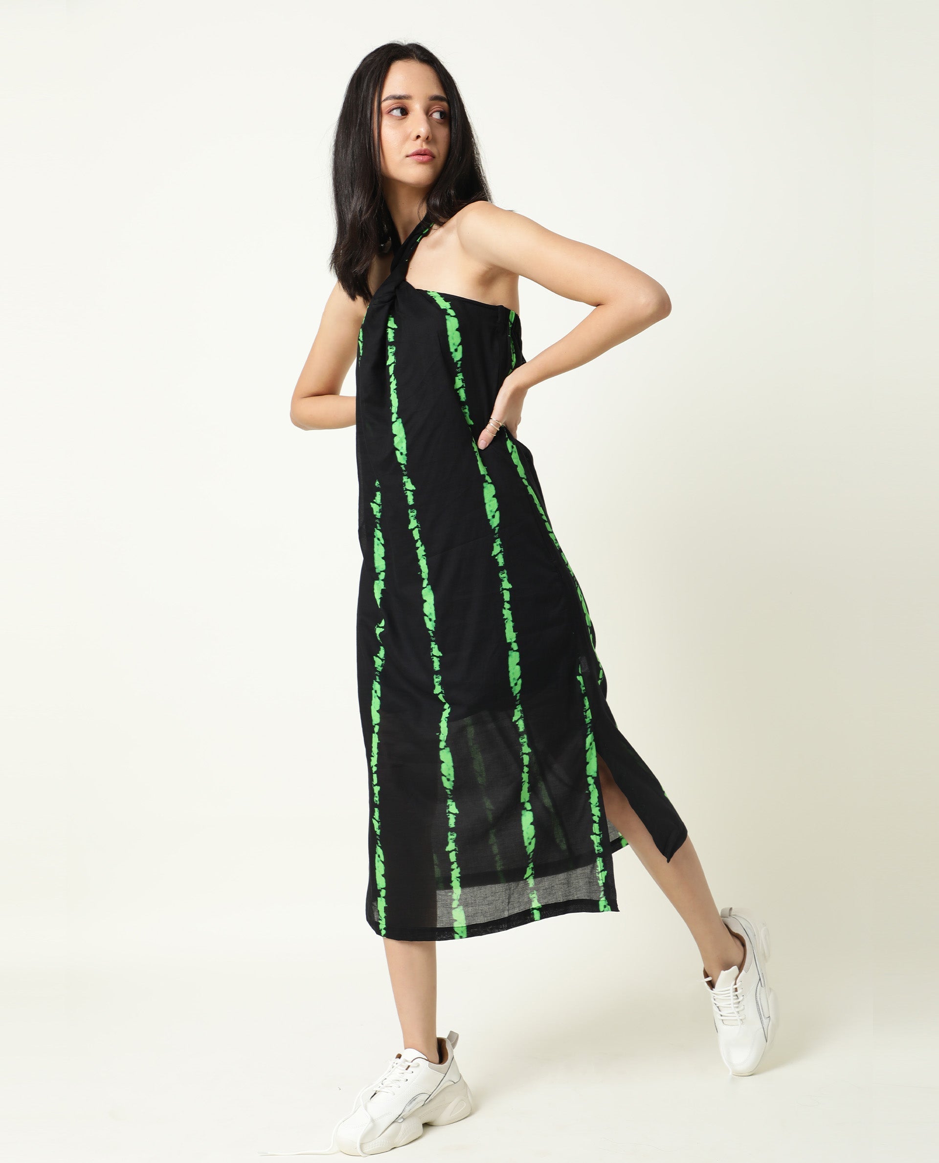 Rareism Women Heron Black Striped Halter Neck Back Tie-Up With Side Slits Midi Dress
