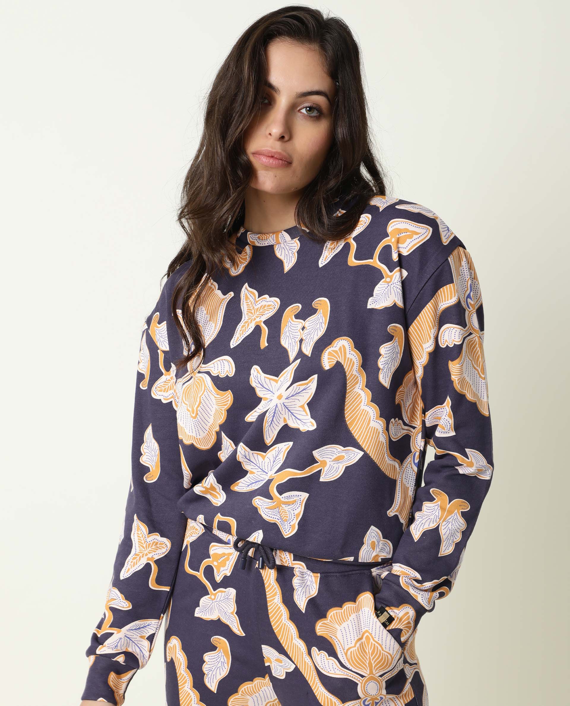 Rareism Women's Denise Navy Cotton Crew Neck Abstract Print Relaxed Fit Sweatshirt