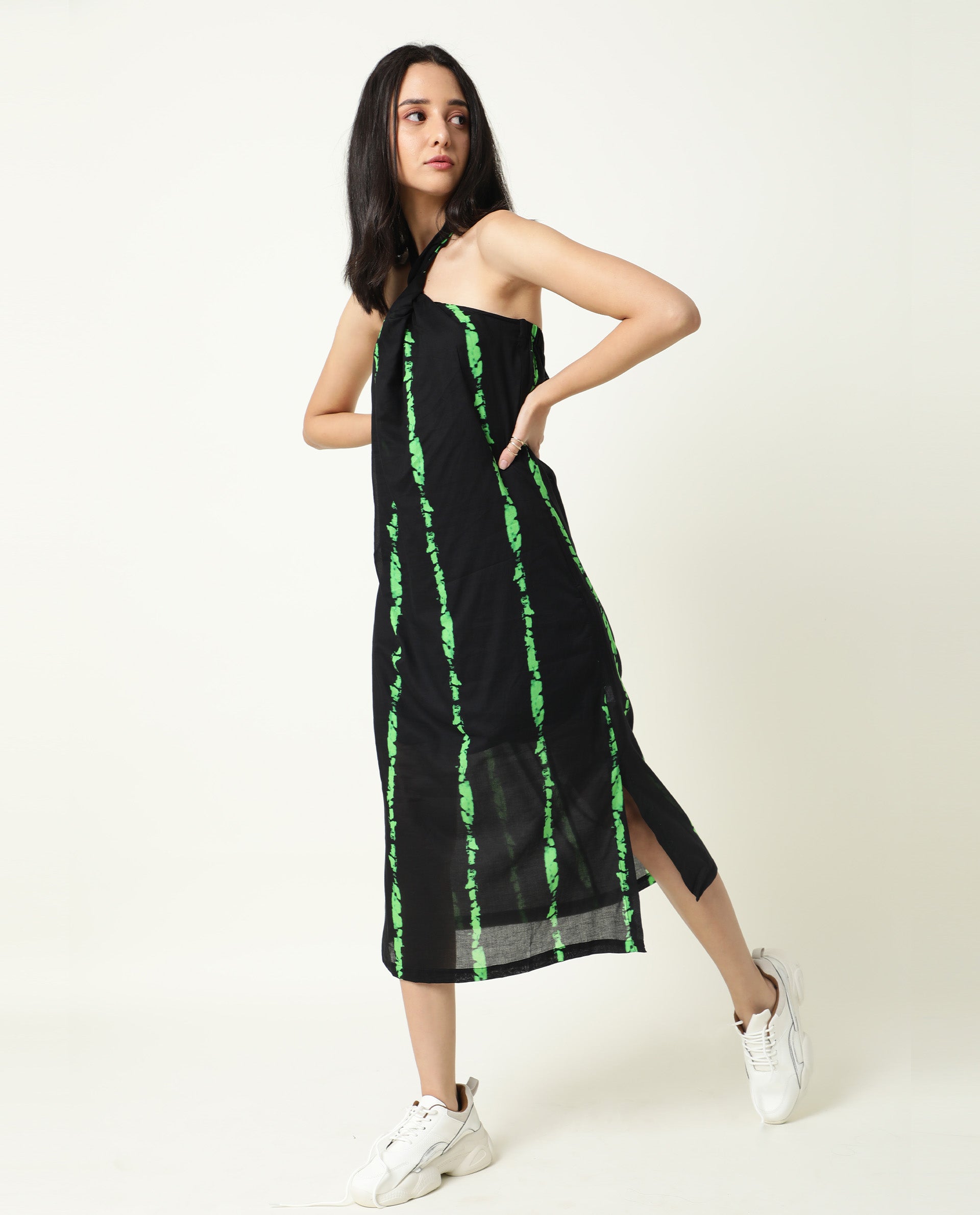 Rareism Women's Heron Black Cotton Halter Neck Abstract Print Sleeveless Knee Length Regular Fit Dress