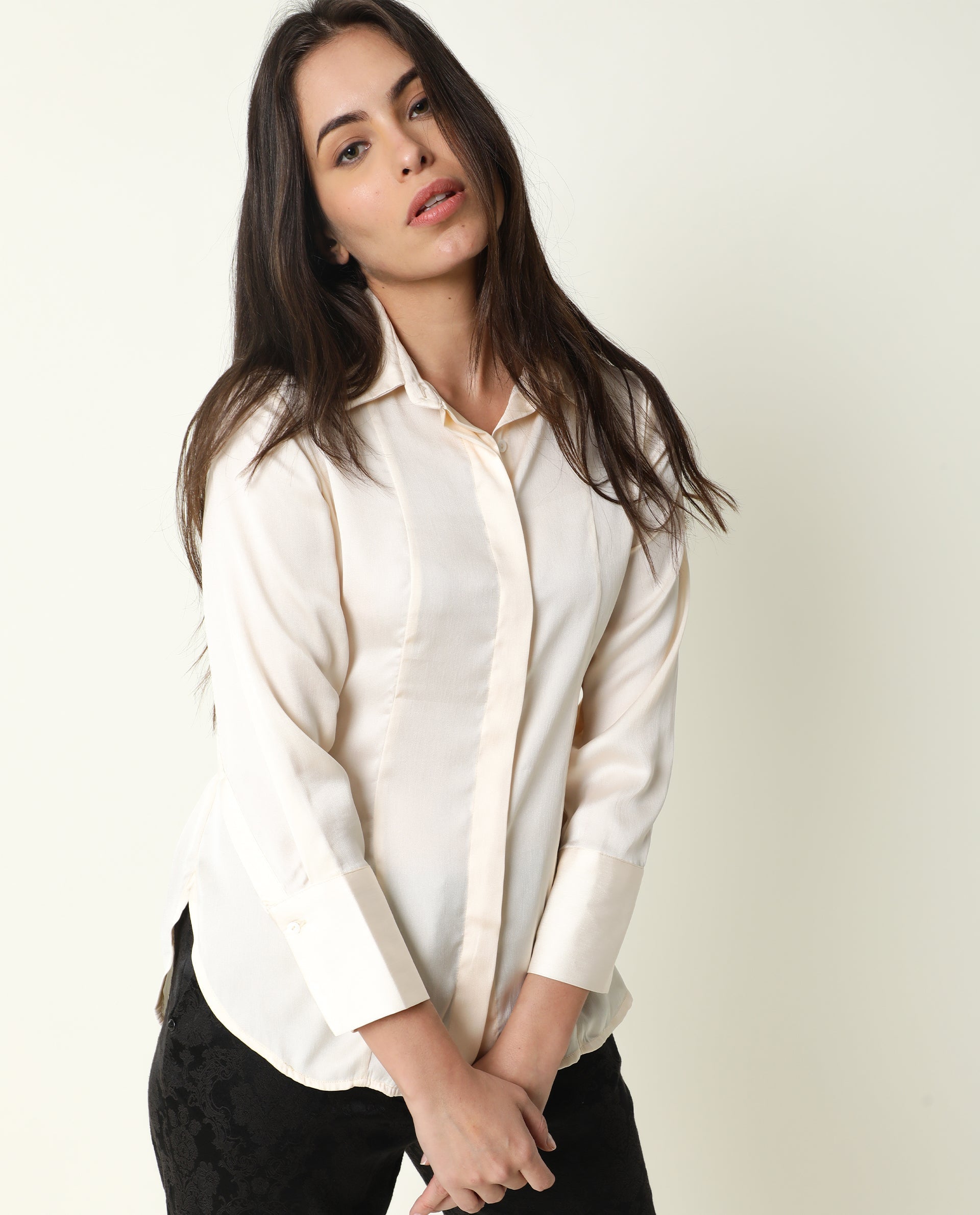 Rareism Women Wandy White Polyester Fabric Cuffed Sleeve Collared Neck Solid Shirt