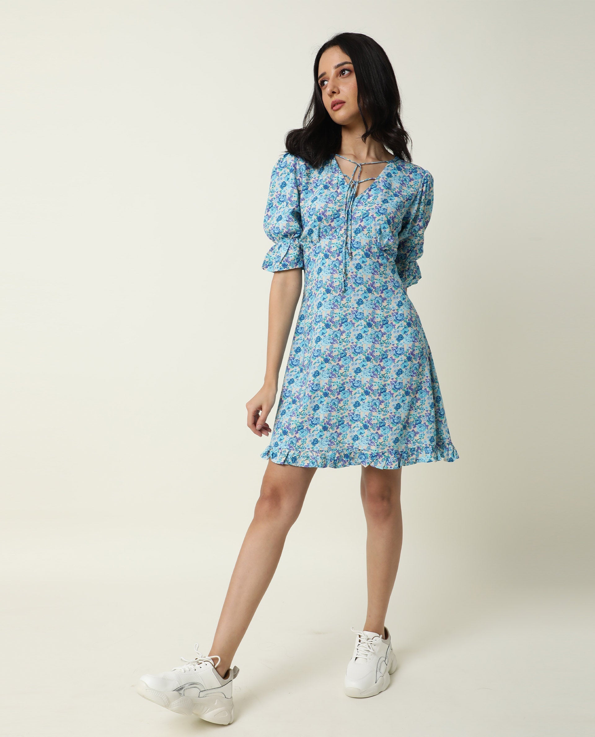 Rareism Women's Eon Blue Viscose V-Neck Floral Print Puff Sleeves Midi Slim Fit Dress