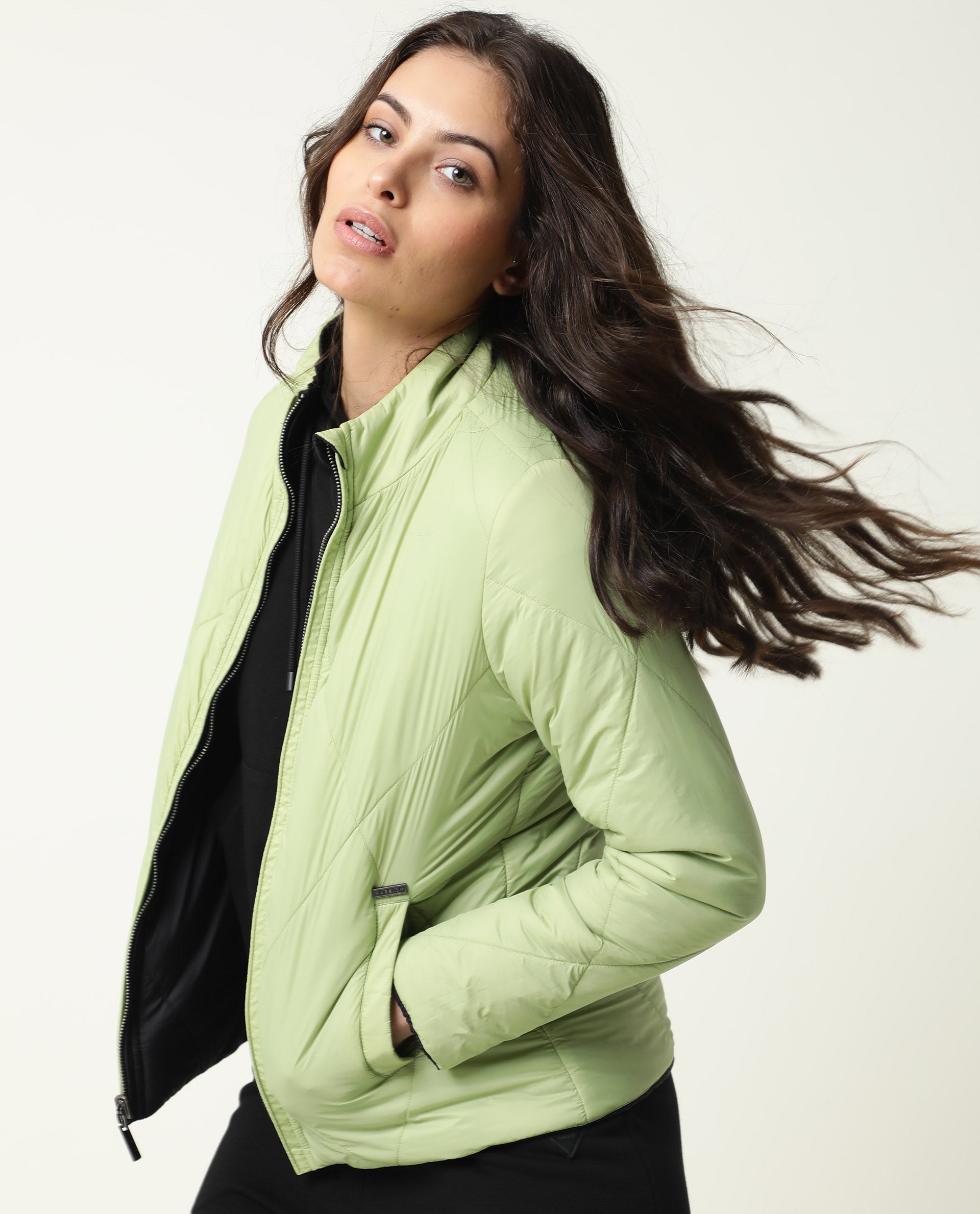 Rareism Women Cora Black Polyester Fabric Full Sleeves Solid High Neck Jacket