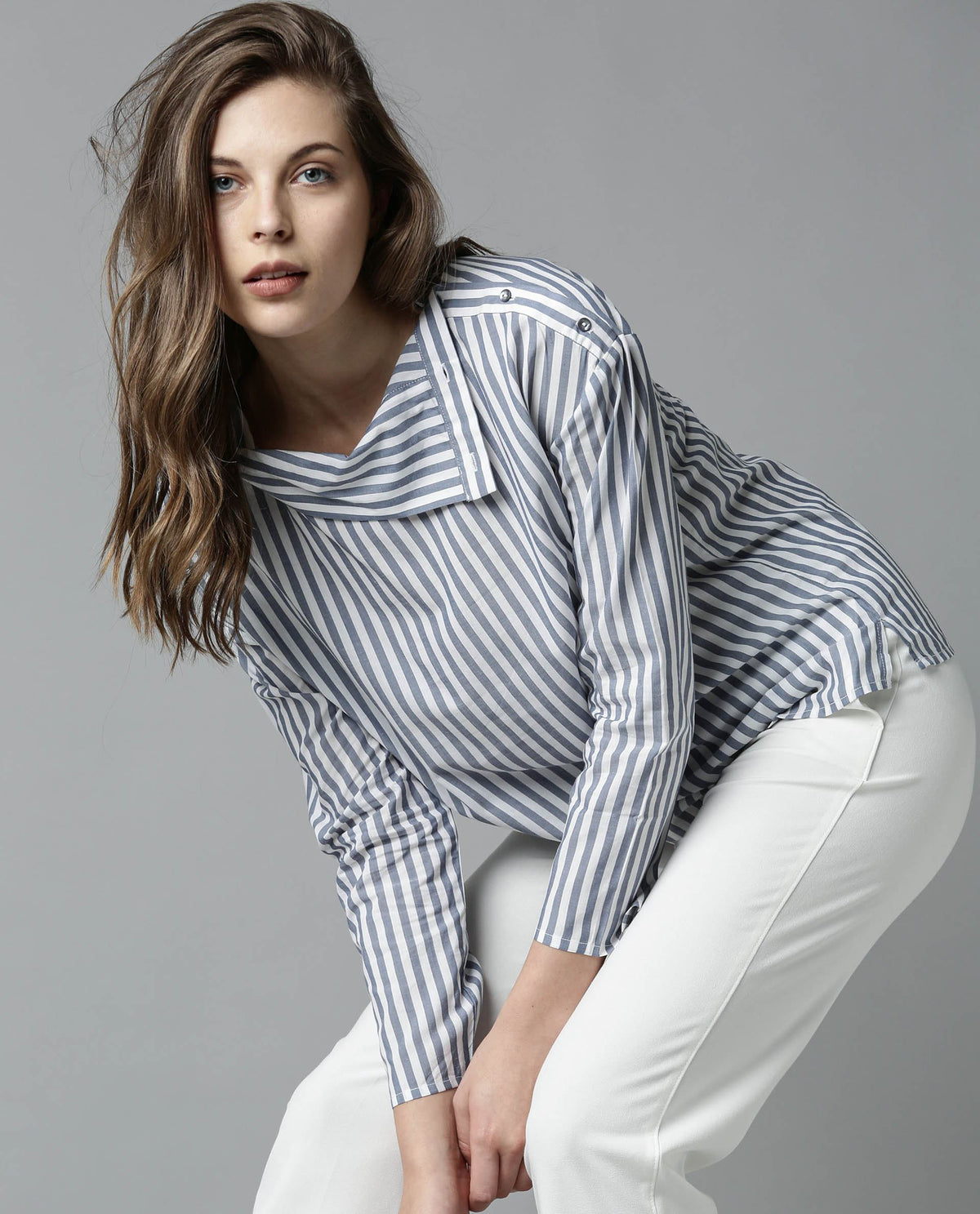 Rareism Women Elios Navy Top Full Sleeves Stripe