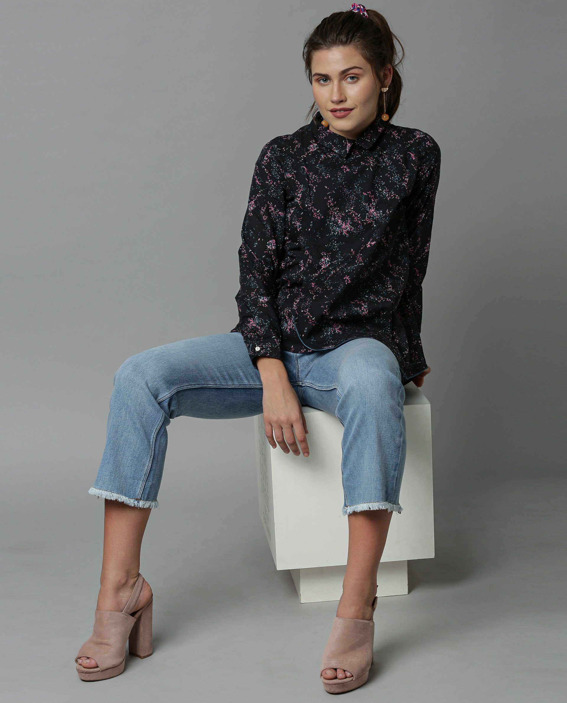 Rareism Womens Kara Black Top Polycotton Fabric Full Sleeves Collar Neck