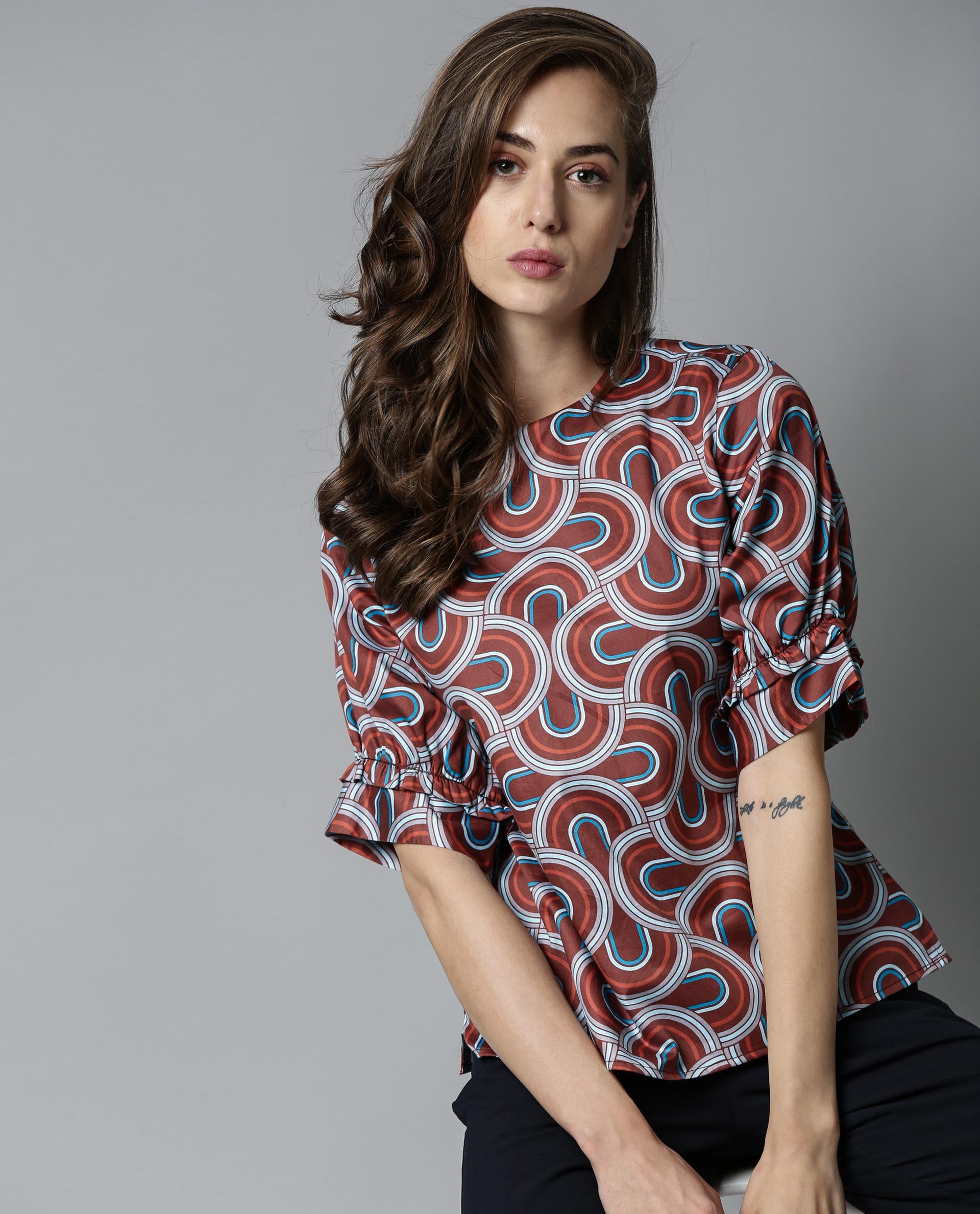 Rareism Women's Jimmi Brown Cotton Crew Neck Geometric Print Regular Fit Top