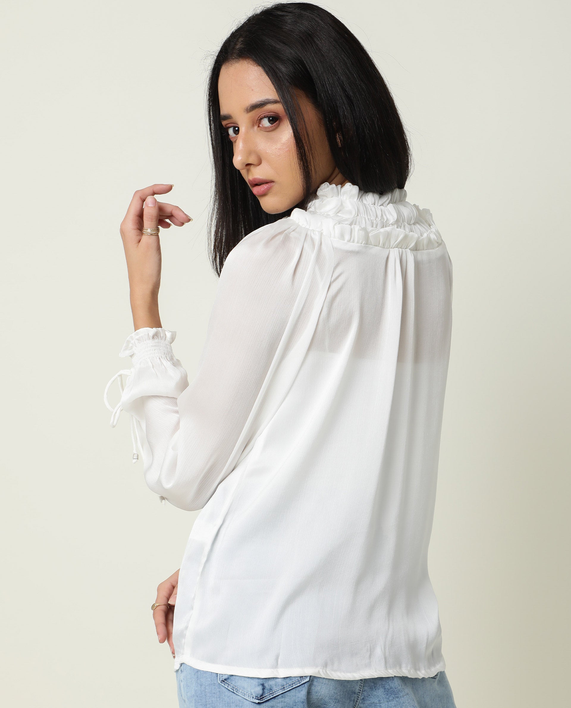 Rareism Women's Tremoe White Tie-Up Neck Plain Knee Length Regular Fit Top