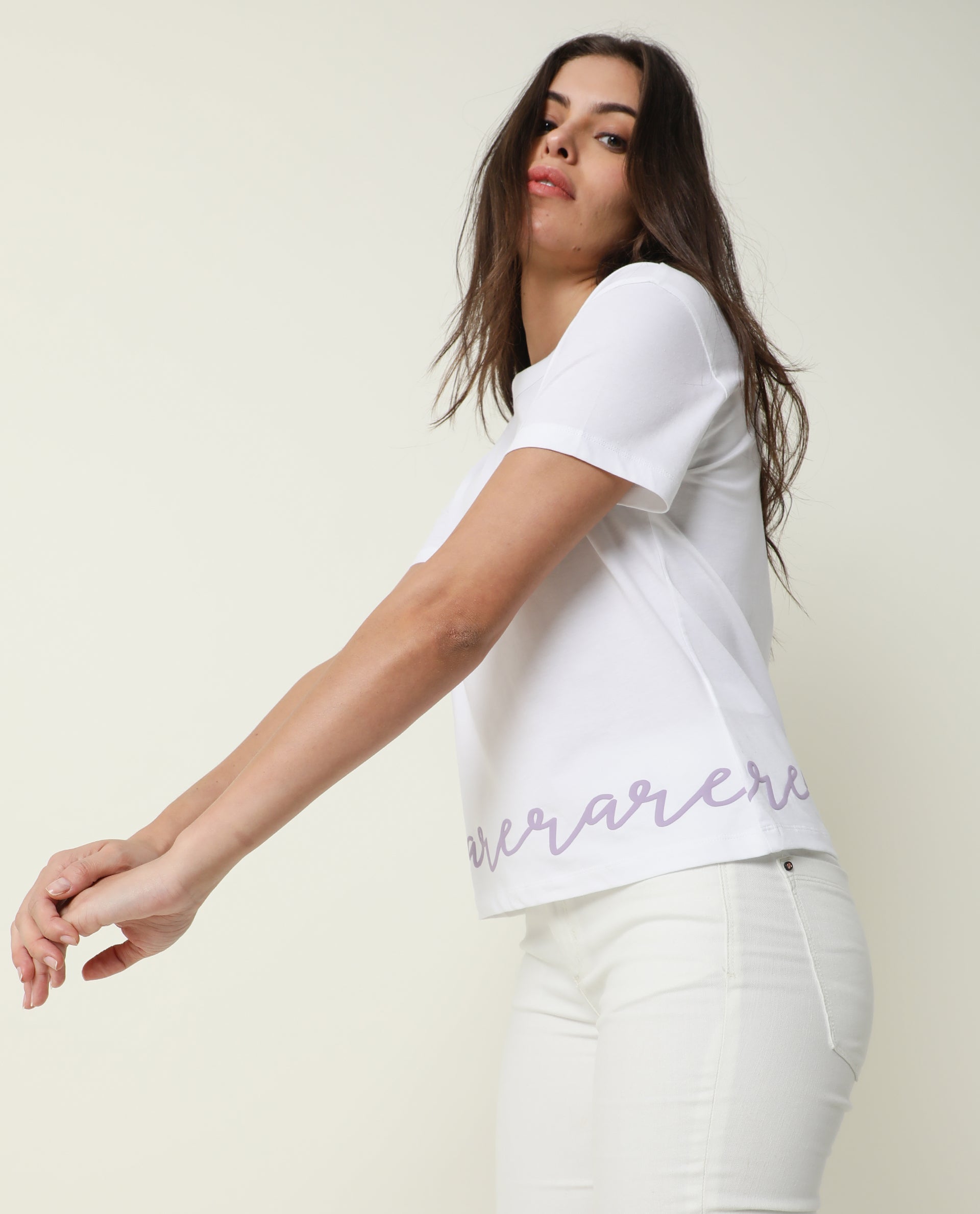 Rareism Women's Ruthi White Cotton Crew Neck Graphic Print Regular Fit T-Shirt