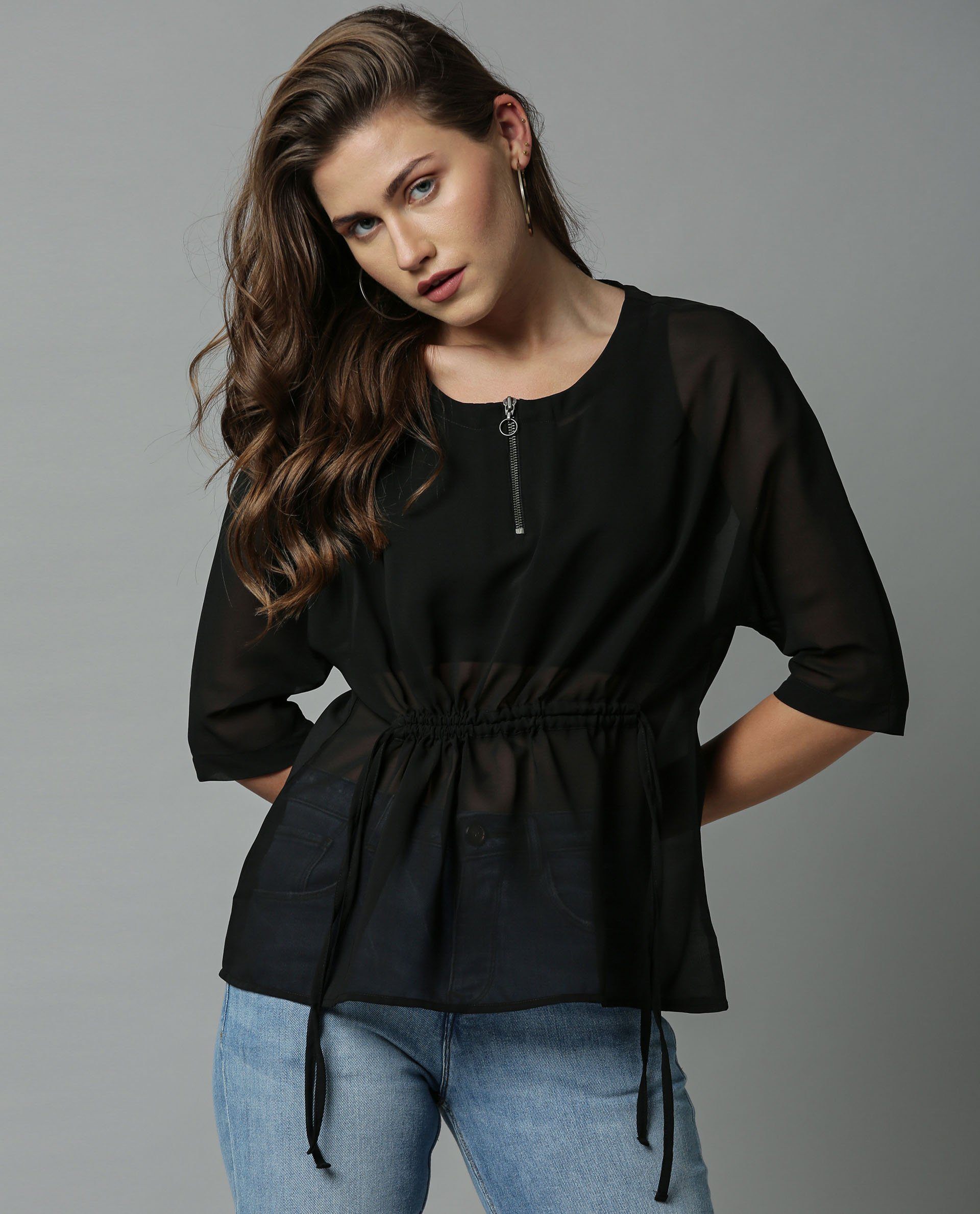 Rareism Women Filp Black Top Short Sleeves Solid