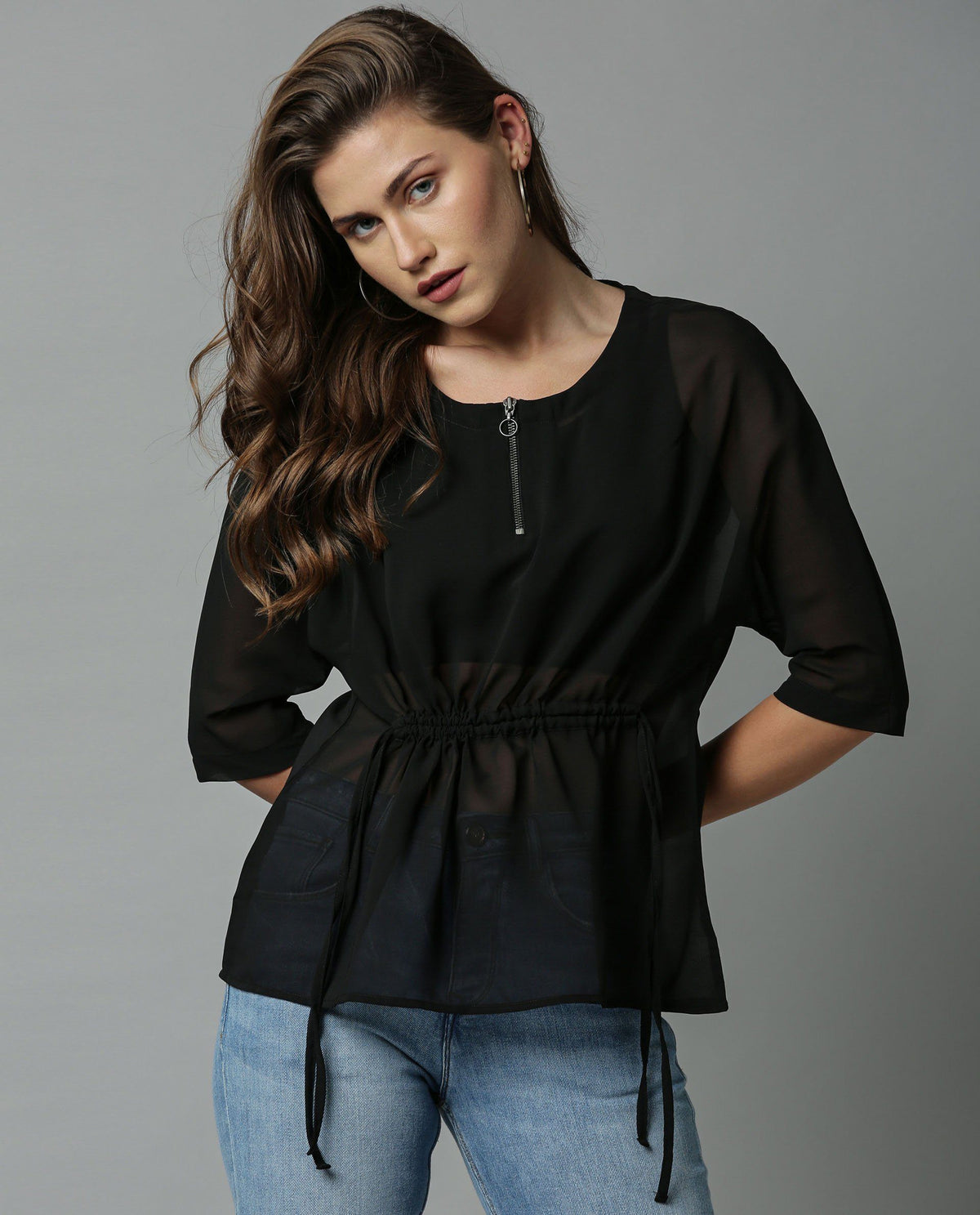 Rareism Women Filp Black Top Short Sleeves Solid