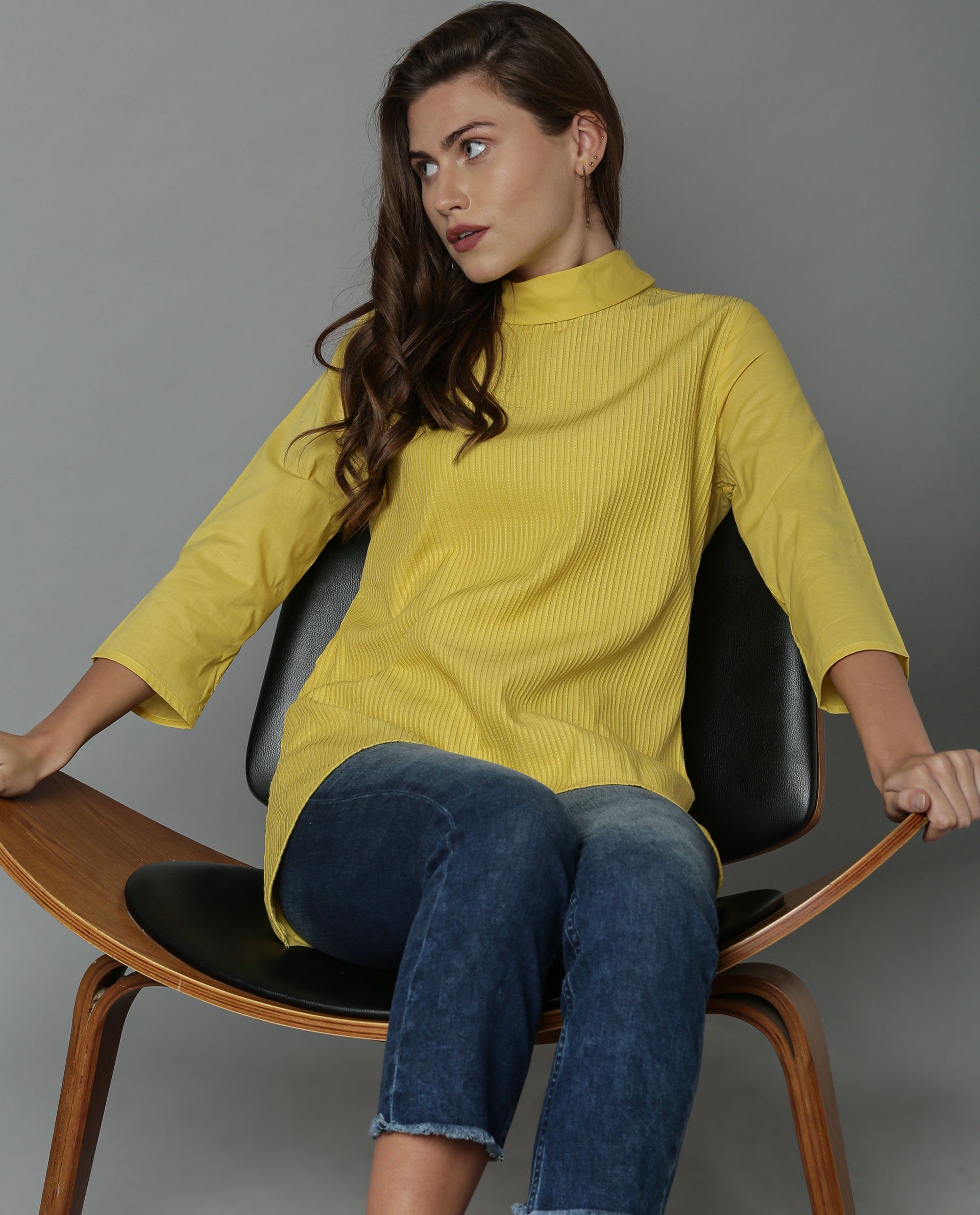 Rareism Women Pins-1 Yellow Top Short Sleeves
