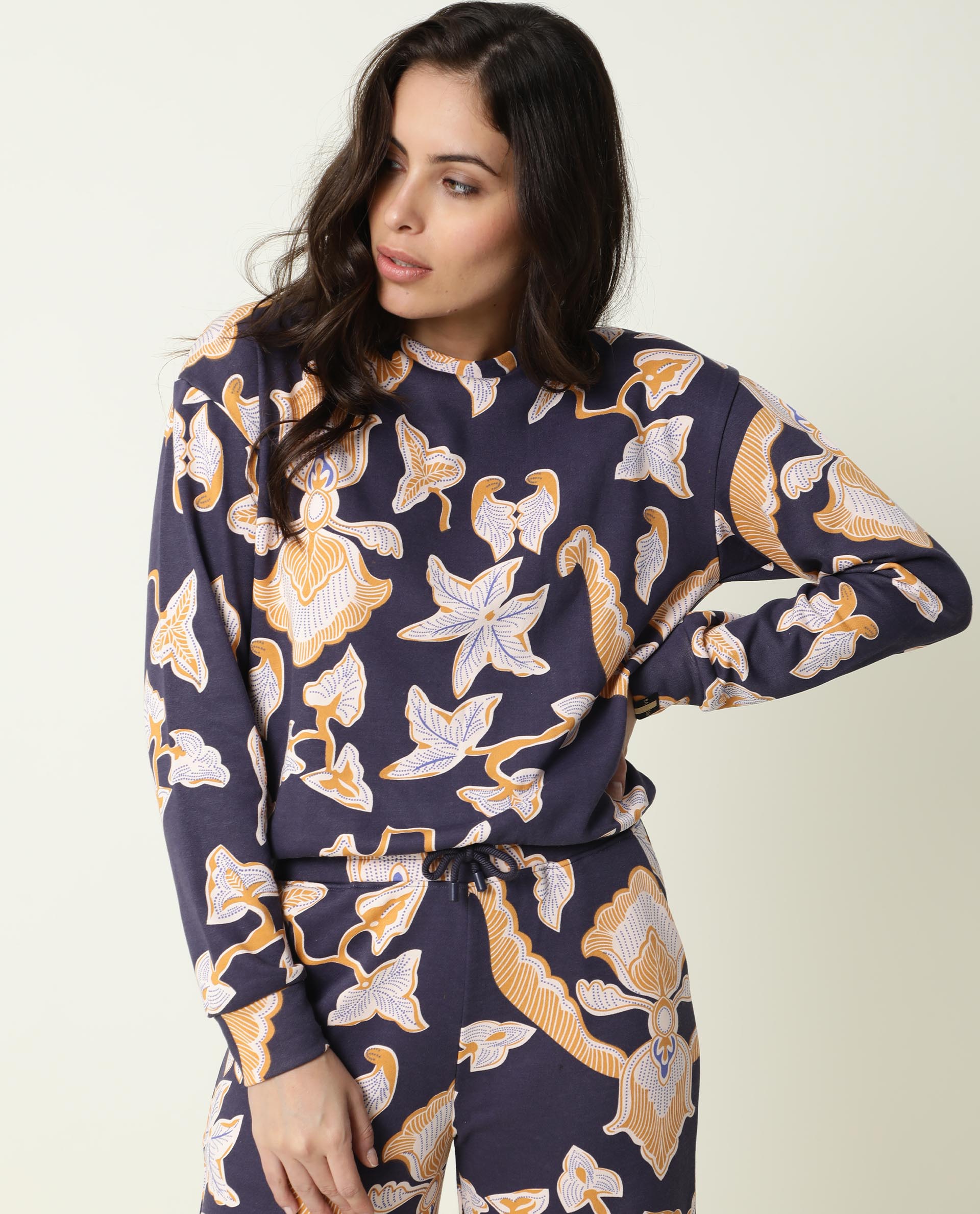 Rareism Women's Denise Navy Cotton Crew Neck Abstract Print Relaxed Fit Sweatshirt