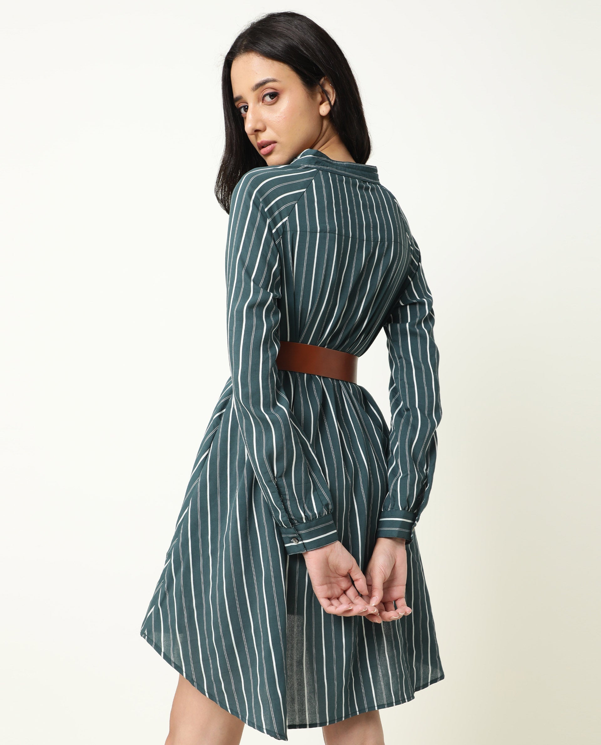 Rareism Womens Maltisse Green Dress Viscose Nylone Fabric Relaxed Fit Full Sleeve Collared Neck