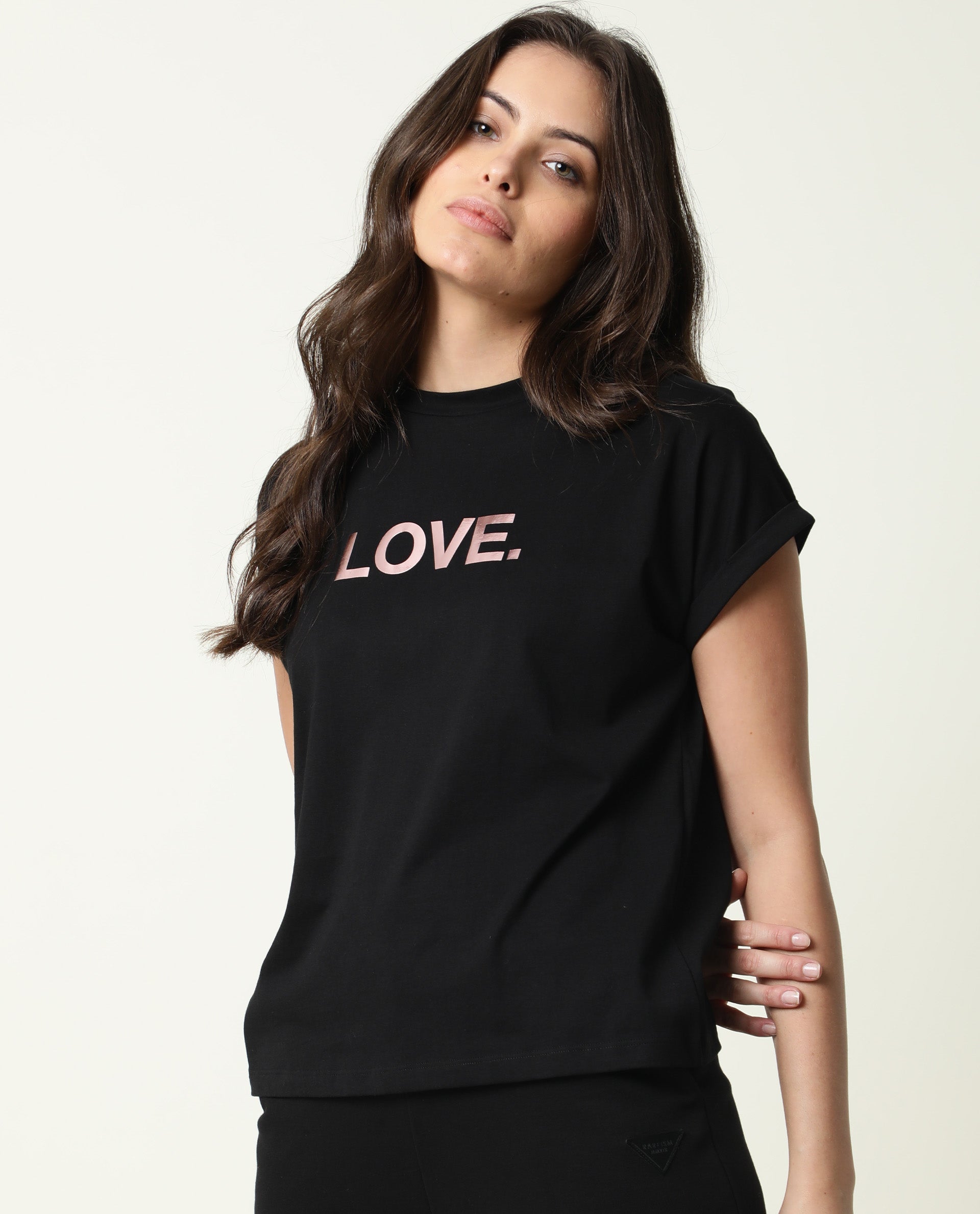 Rareism Womens Mild Black T-Shirt Cotton Fabric Regular Fit Extended Sleeves Crew Neck
