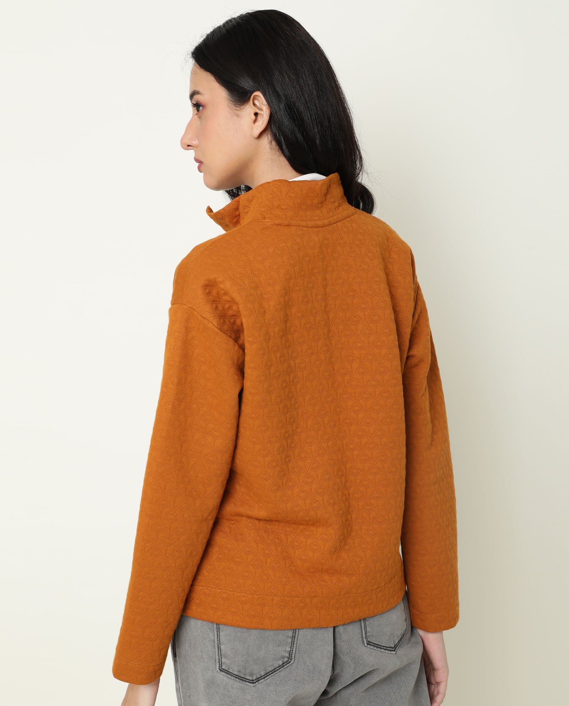 Rareism Women Bozo Dark Rust Regular Fit Full Sleeves Textured High Neck Sweatshirt