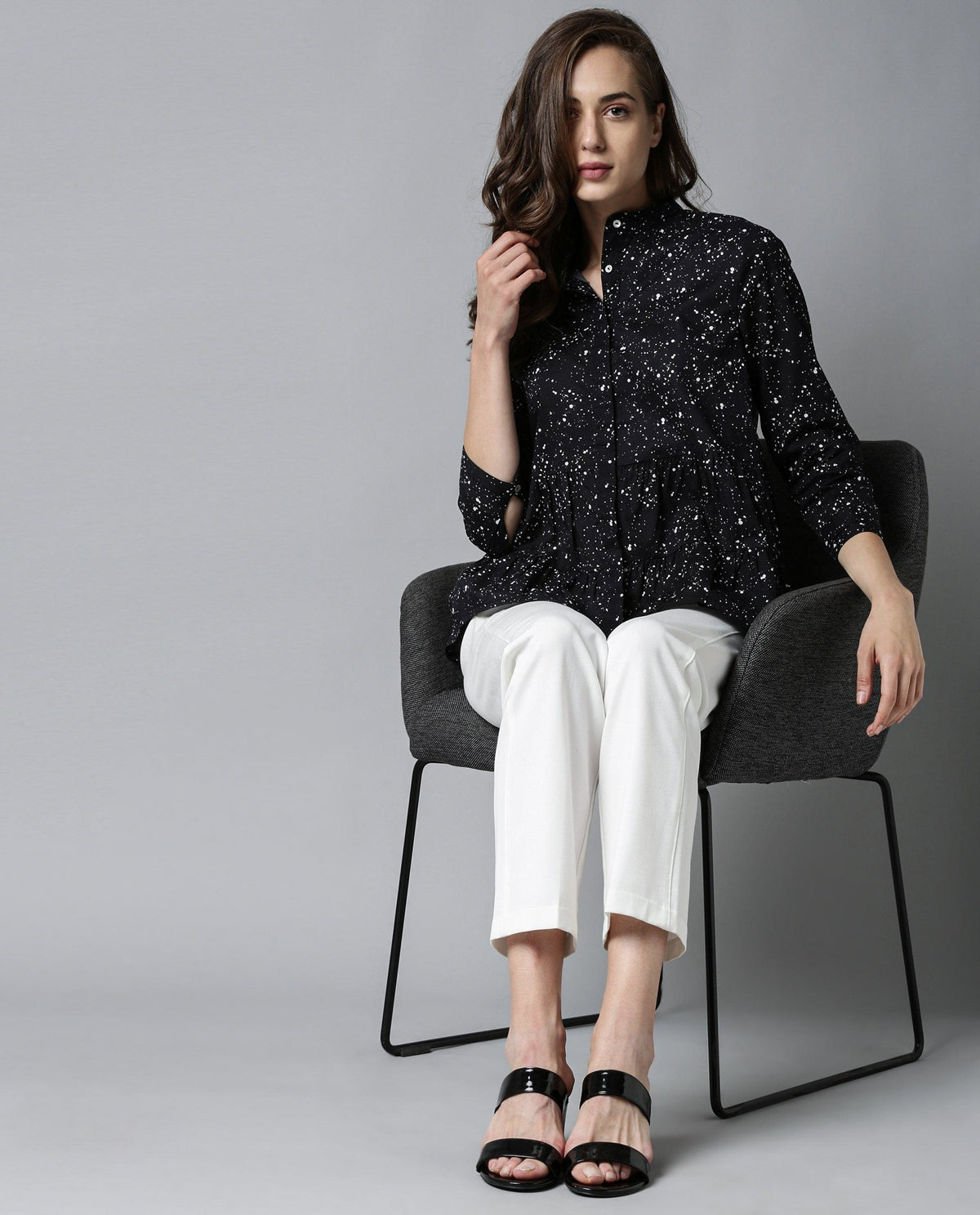 Rareism Women Ola Black Top Full Sleeves Printed