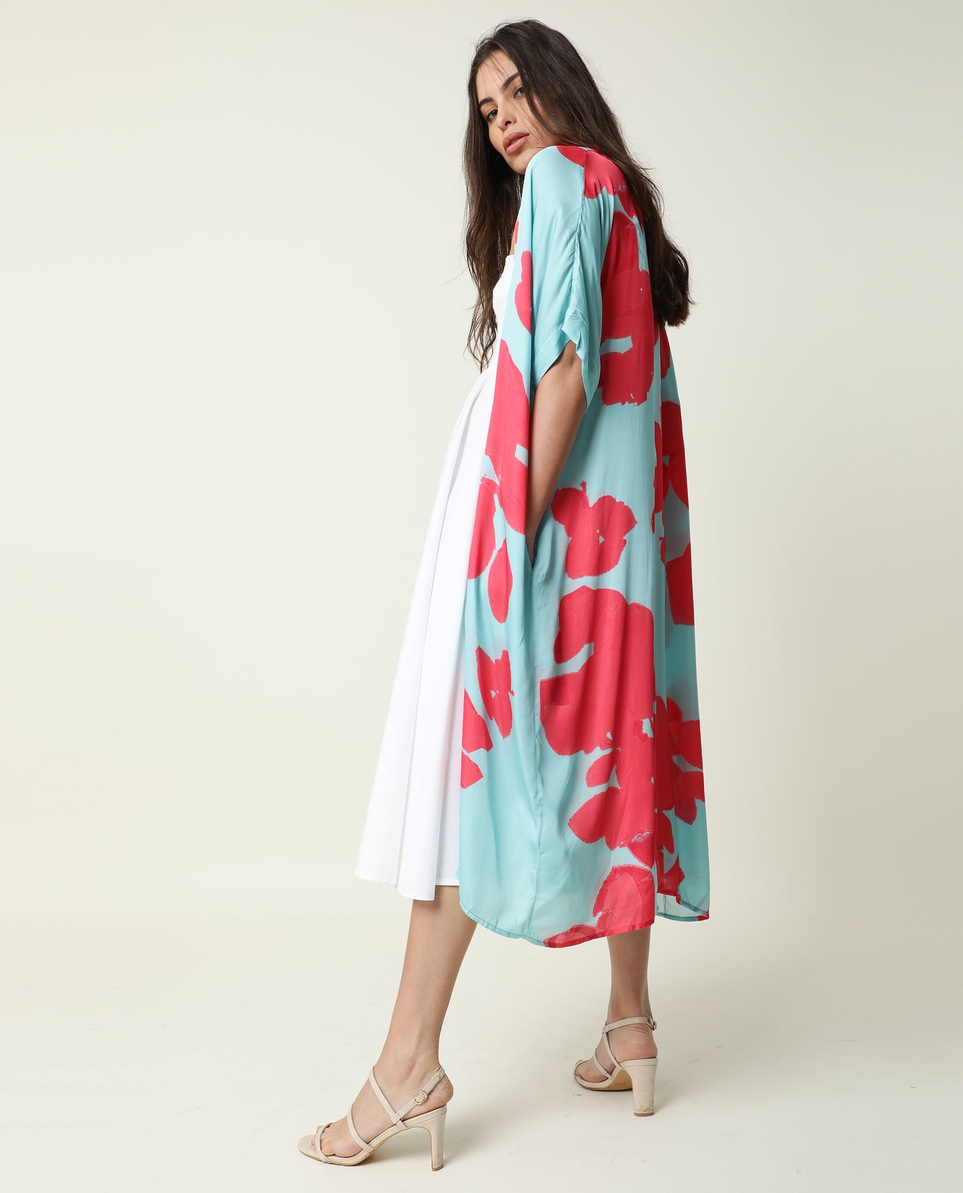 Rareism Women's Petunia Navy Collarless Floral Print Knee Length Relaxed Fit Shrug