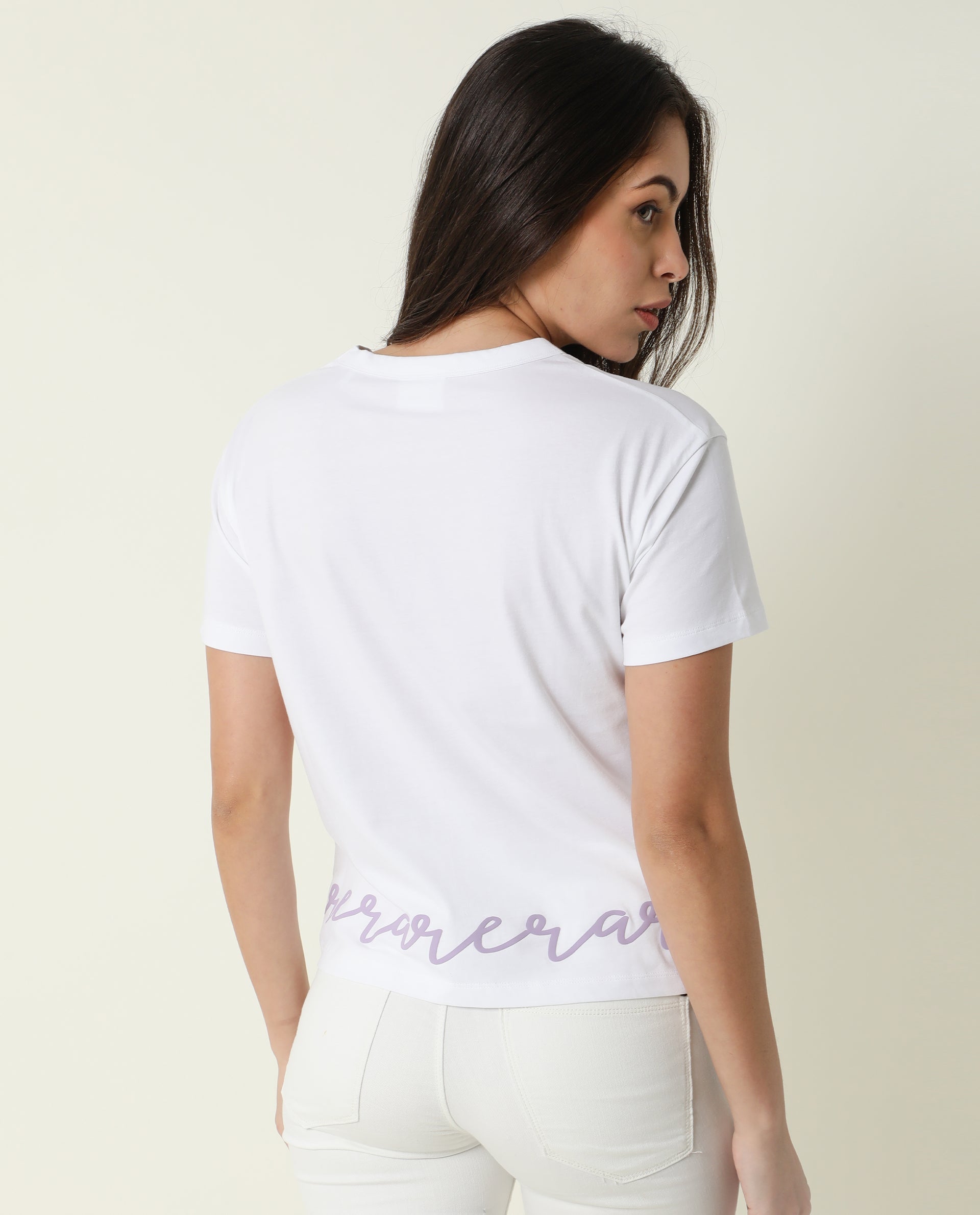 Rareism Women's Ruthi White Cotton Crew Neck Graphic Print Regular Fit T-Shirt