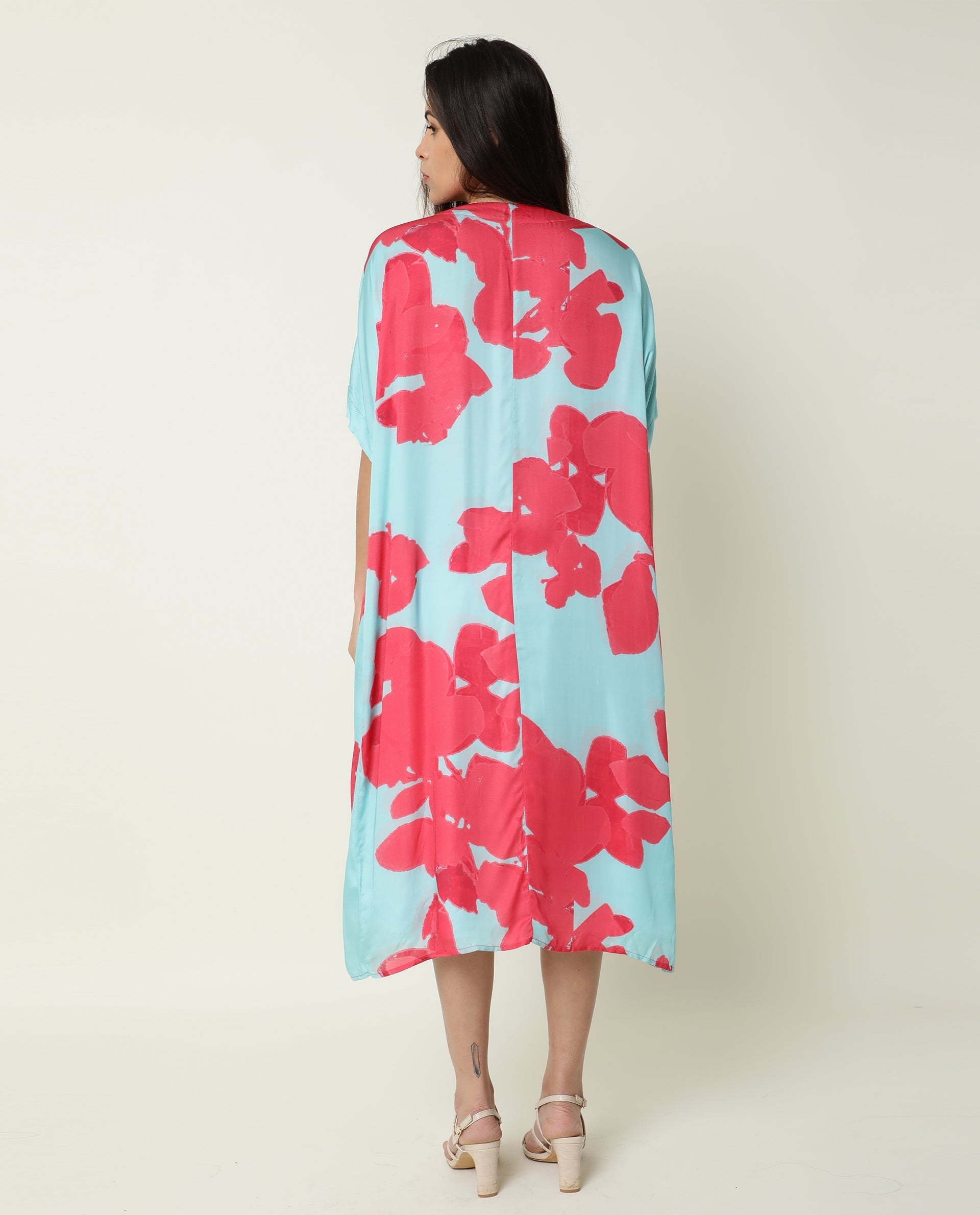 Rareism Women's Petunia Navy Collarless Floral Print Knee Length Relaxed Fit Shrug