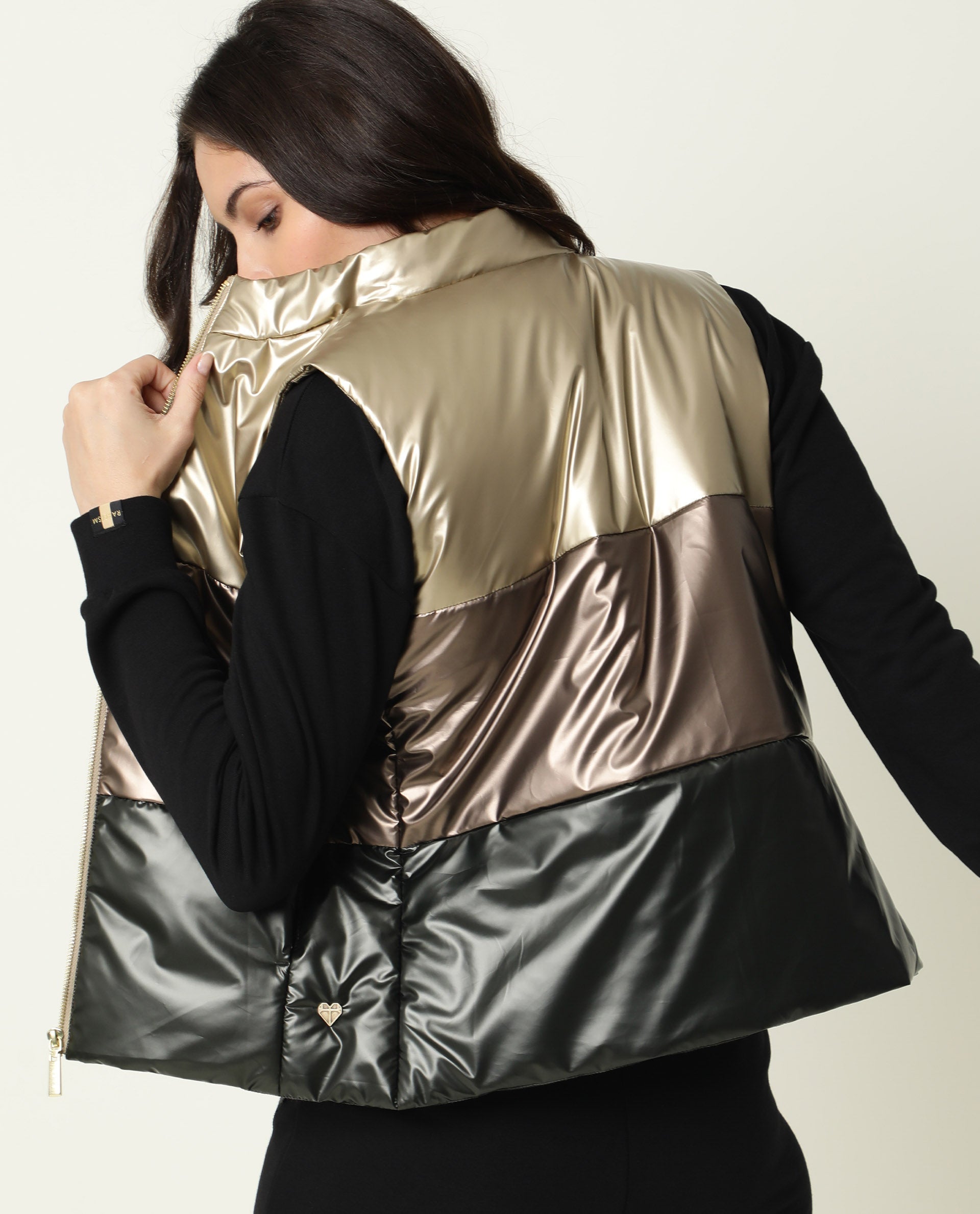 Rareism Women's Sophia Gold Polyester High Neck Color Block Sleeveless Regular Fit Jacket