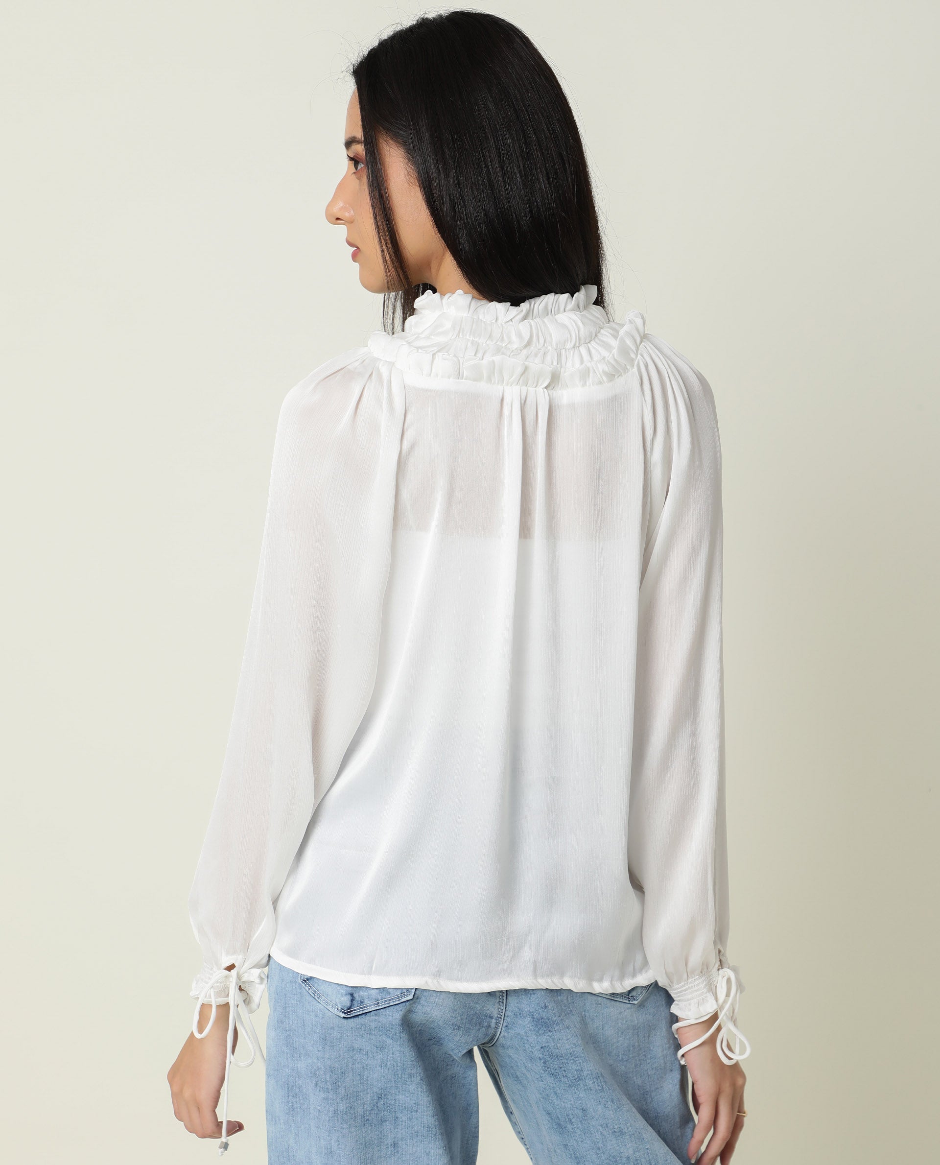 Rareism Women's Tremoe White Tie-Up Neck Plain Knee Length Regular Fit Top