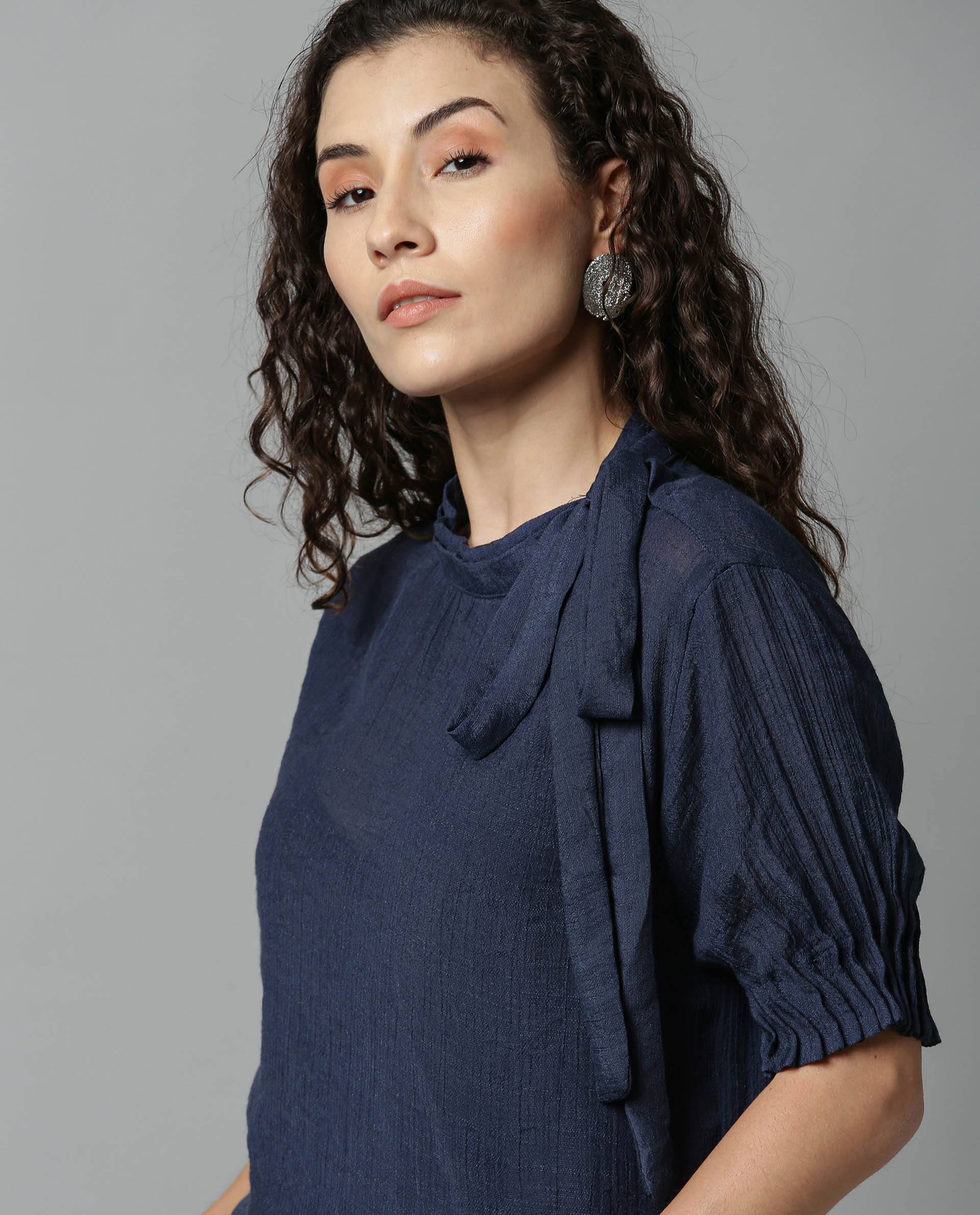 Rareism Women Sparrow Navy Top Short Sleeves